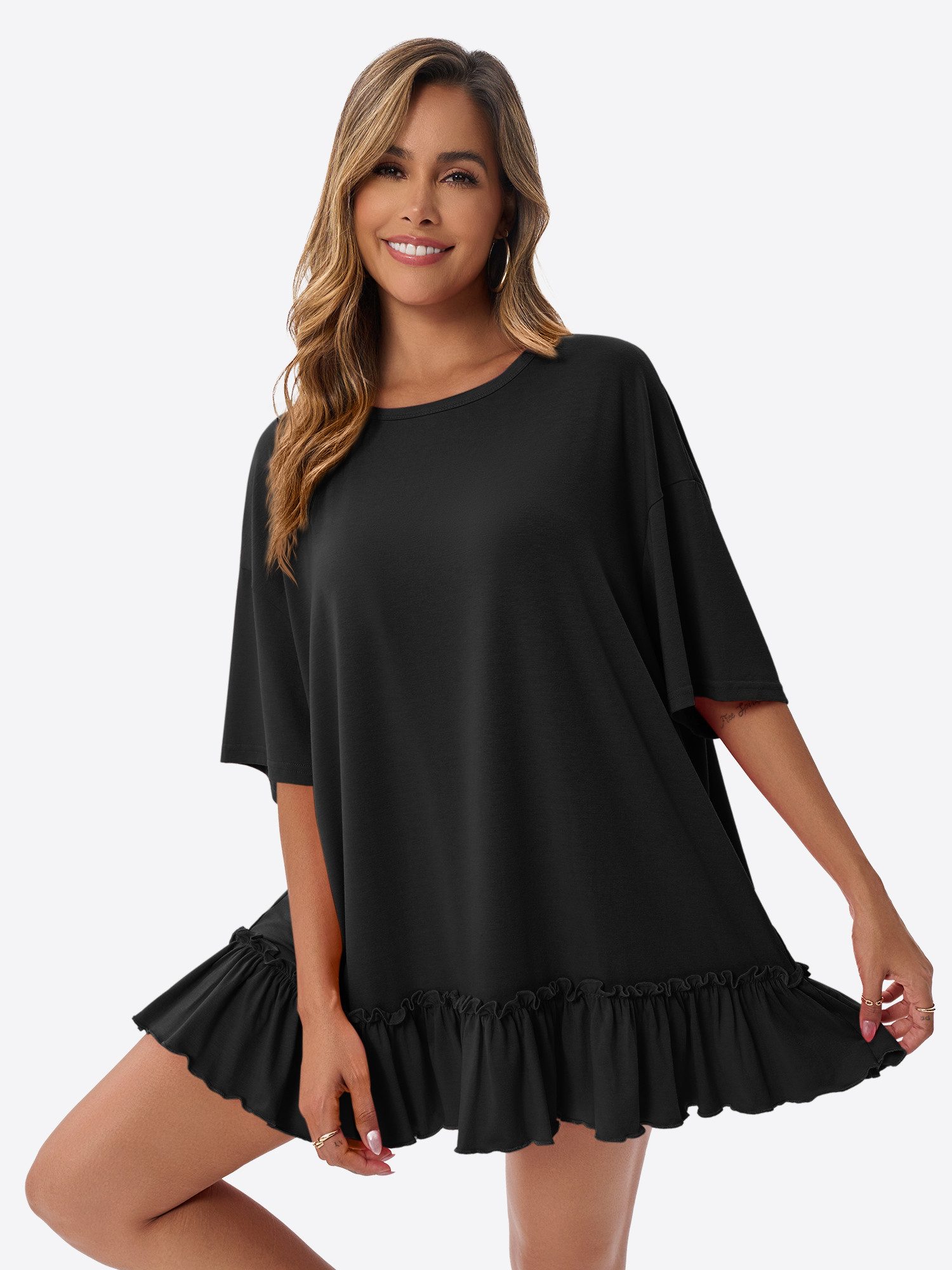 Imily Bela Shirtkleid Damen mit Rüschen Rundhals Oversize Sommer Strand Tunika (Packung, 1-tlg., 1per-Pack) mit Rundhalsausschnitt in Unifarbe