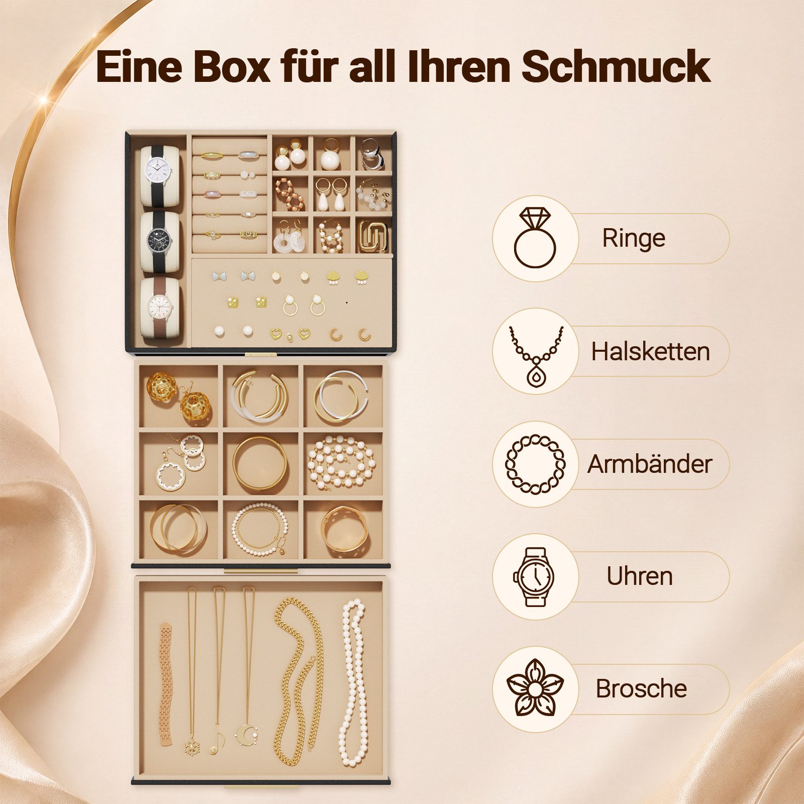 Hausright Schmuckkasten 3 Ebenen Schmuckbox mit Glasdeckel, 2 Schubladen (Schmuckschatulle) – Bild 2 von 5