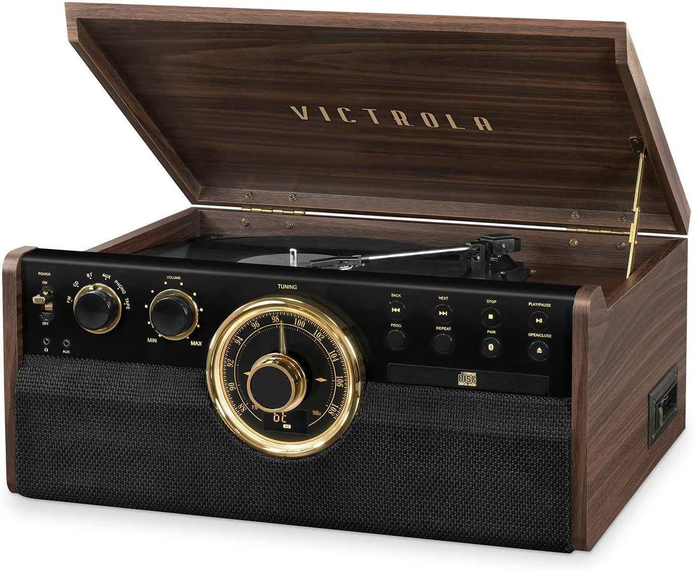 Victrola VTA-270B Plattenspieler - mit Lautsprechern, Radio (Steuerung: Halbautomat;, Drehzahl (U/min): 33,3, 45, 78;, Verbindung und Funktionen: Bluetooth, Radio, Kopfhörer-Ausgang;, Arm-Typ : Einfach gebeugter Arm;, Signal-Rausch-Verhältnis: 55 dB;, Geschwindigkeiten: 33 1/3 U/min 45 U/min 78 U/min;, Funktionen: Bluetooth Radio Kassetten-Player CD-Player;, Anschlüsse: Line In Audio Ausgang (Cinch) Kopfhörerausgang;, Ausstattung :Abdeckhaube integrierte Lautsprecher)