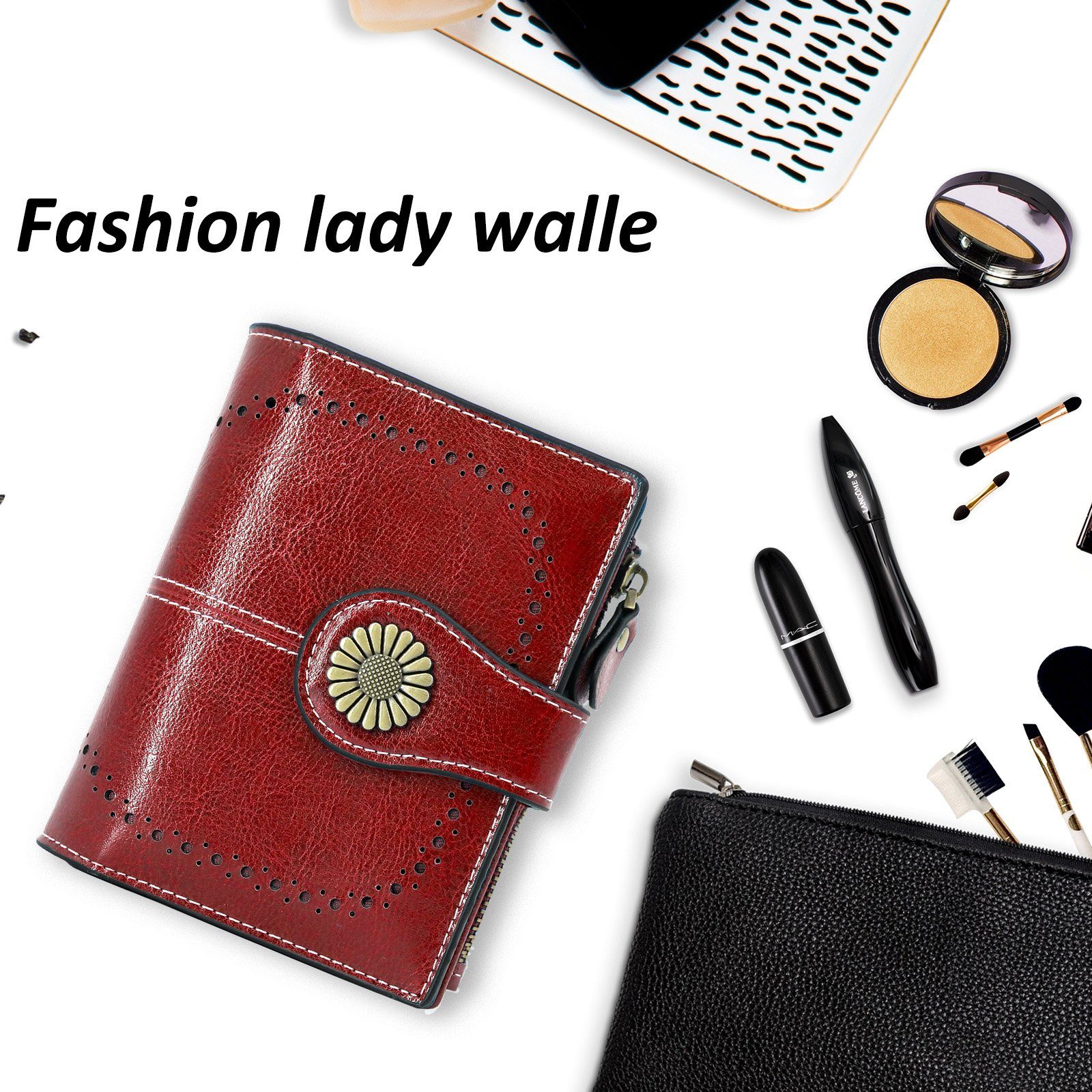 TAN.TOMI Brieftasche Elegante Portemonnaie Damen, Reißverschluss mit Schutz,Geldbeutel Damen viele RFID mit Fächer Druckknopf Bordeaux und mit