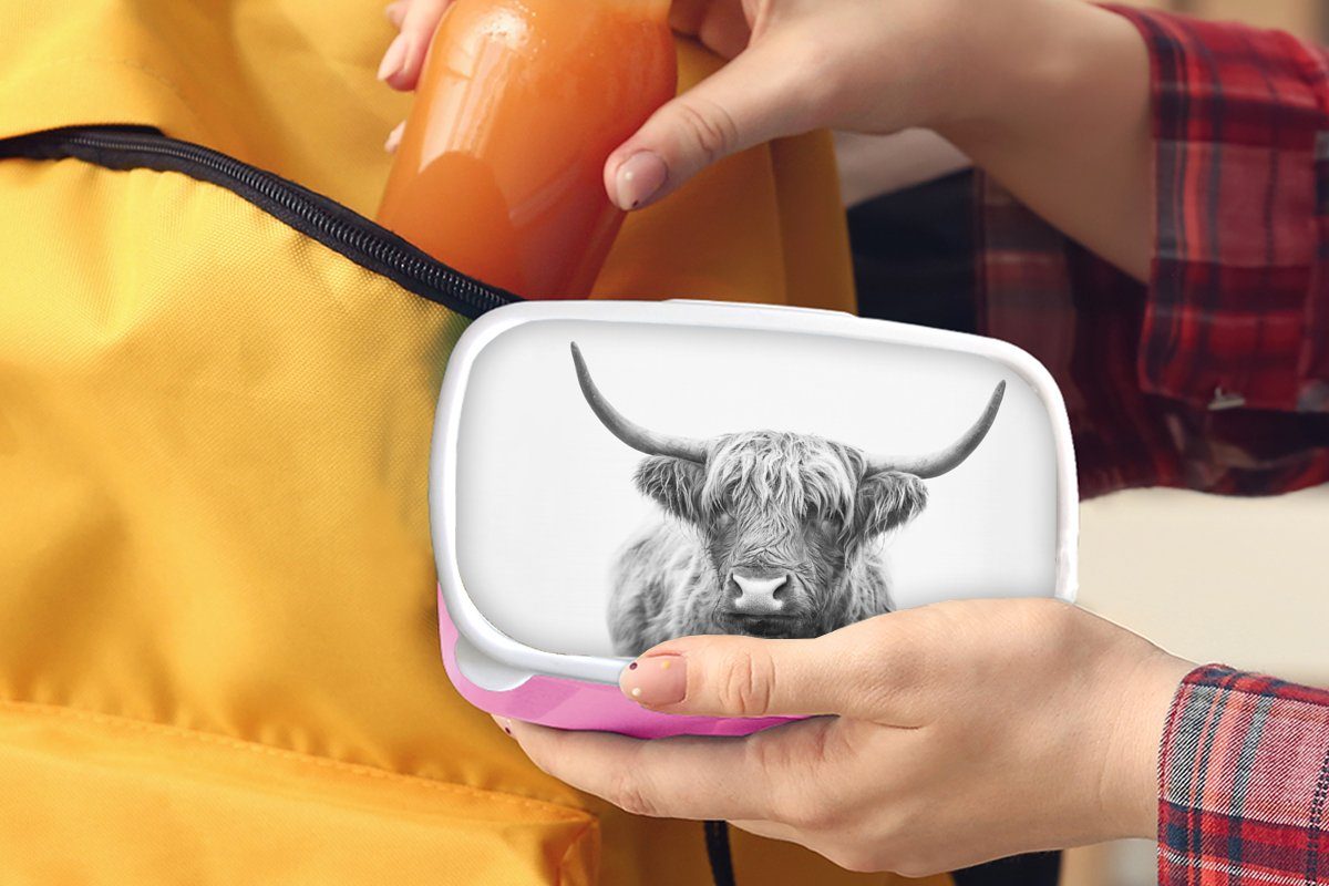rosa Highlander MuchoWow Tiere und - weiß, für Hörner Kunststoff, Kinder, Lunchbox - Snackbox, Mädchen, (2-tlg), Schottischer Kunststoff Erwachsene, Brotdose Brotbox - Schwarz