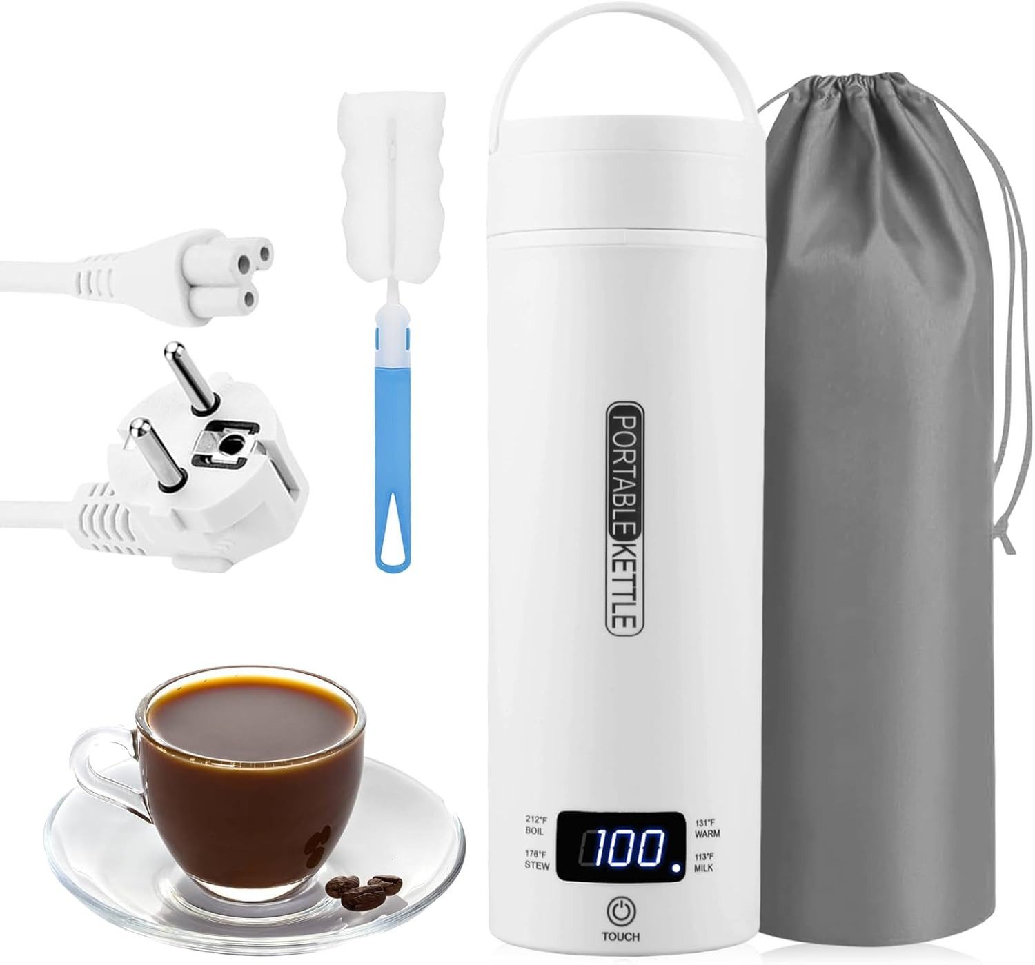 Athlix Reise-Wasserkocher Mobiler Wasserkocher 450ml Reise Wasserkocher Tragbar Tee Kaffee, 300 W, 4 Temperaturstufen, SUS316-Edelstahl, Doppelwandig