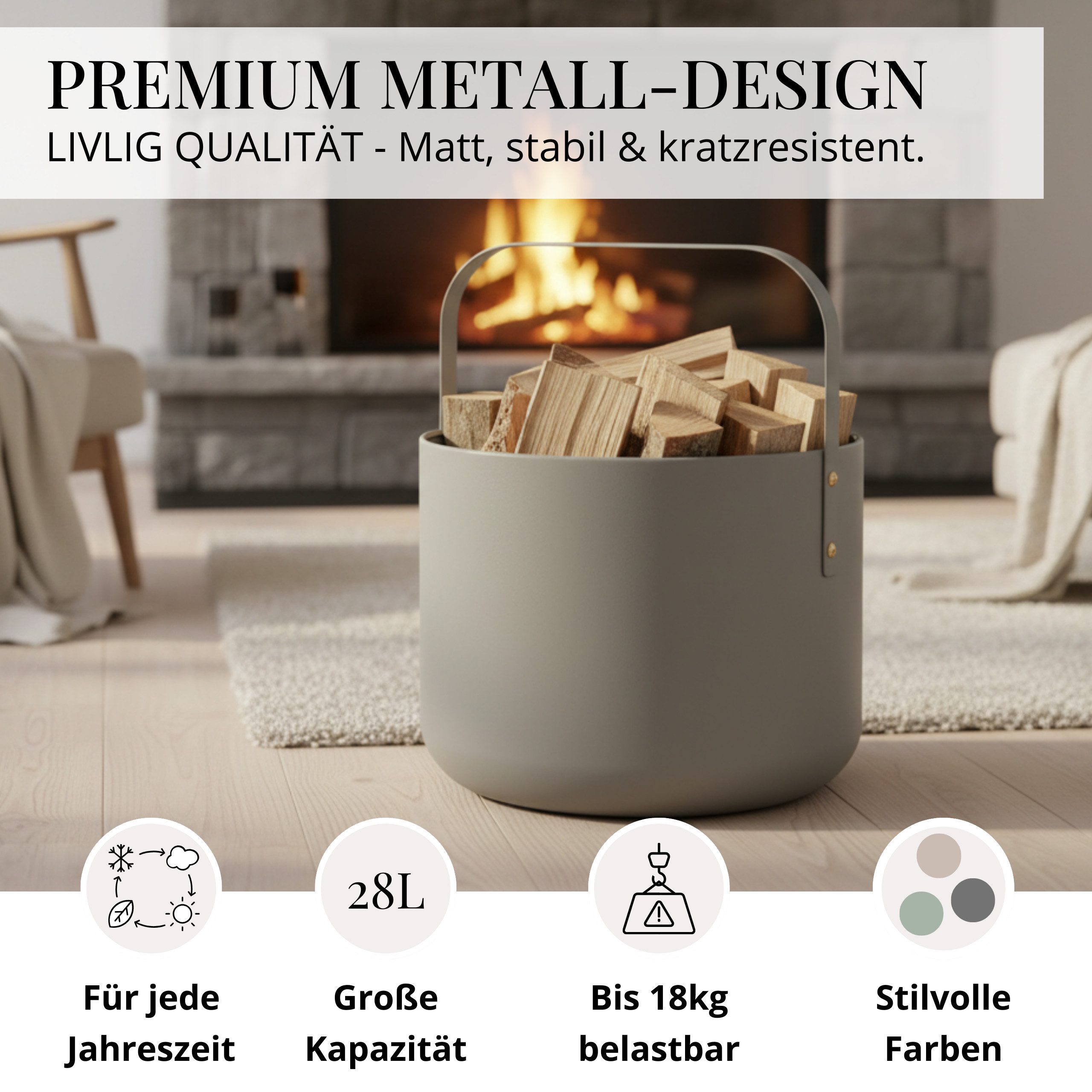 LIVLIG Kaminholzkorb Holzkorb Metall, Brennholzkorb, Kaminzubehör, Aufbewahrungskorb, elegantes Design, robustes Metall, stabiler Henkel, vielseitig nutzbar