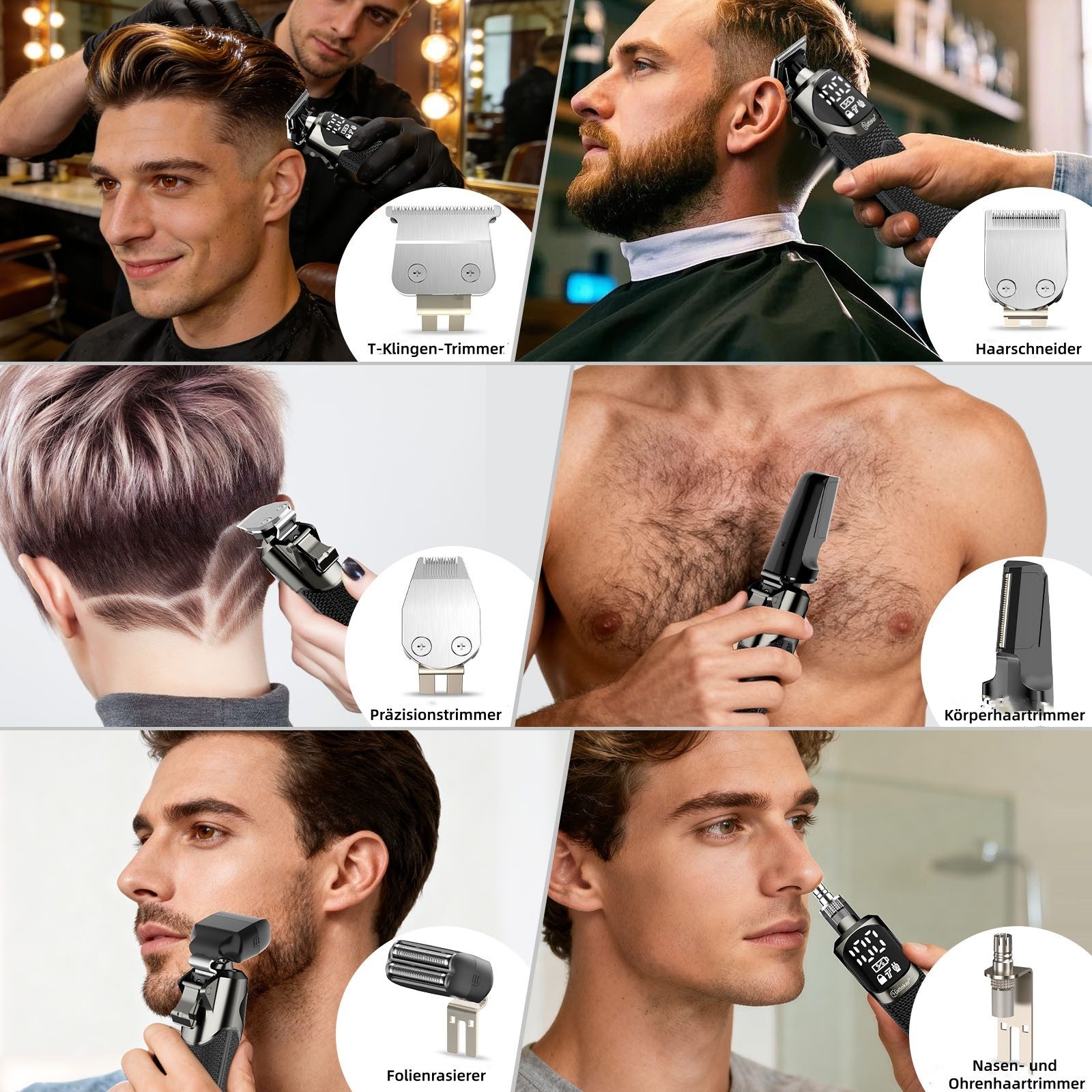 HATTEKER Haarschneider HT-6186, Barttrimmer, Rasierer, Nasenhaartrimmer, Bodygroomer, Multifunktionales Herren-Pflegeset 6-in-1