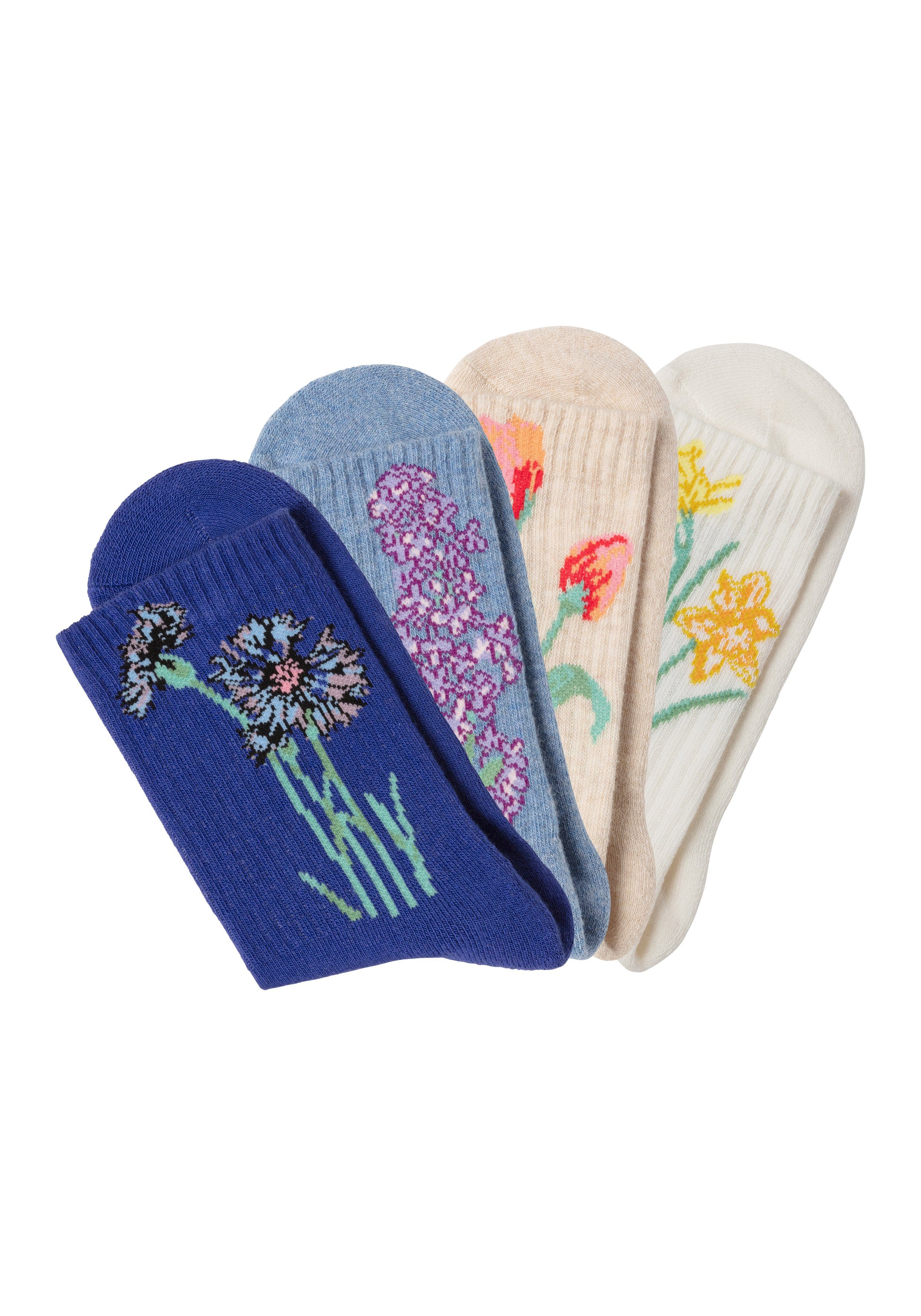 Blumen Basicsocken hellbeige-melange, mit 4-Paar) (Packung, LASCANA ecru, eingestrickten royalblau jeans-meliert, 1x 1x 1x 1x Motiven
