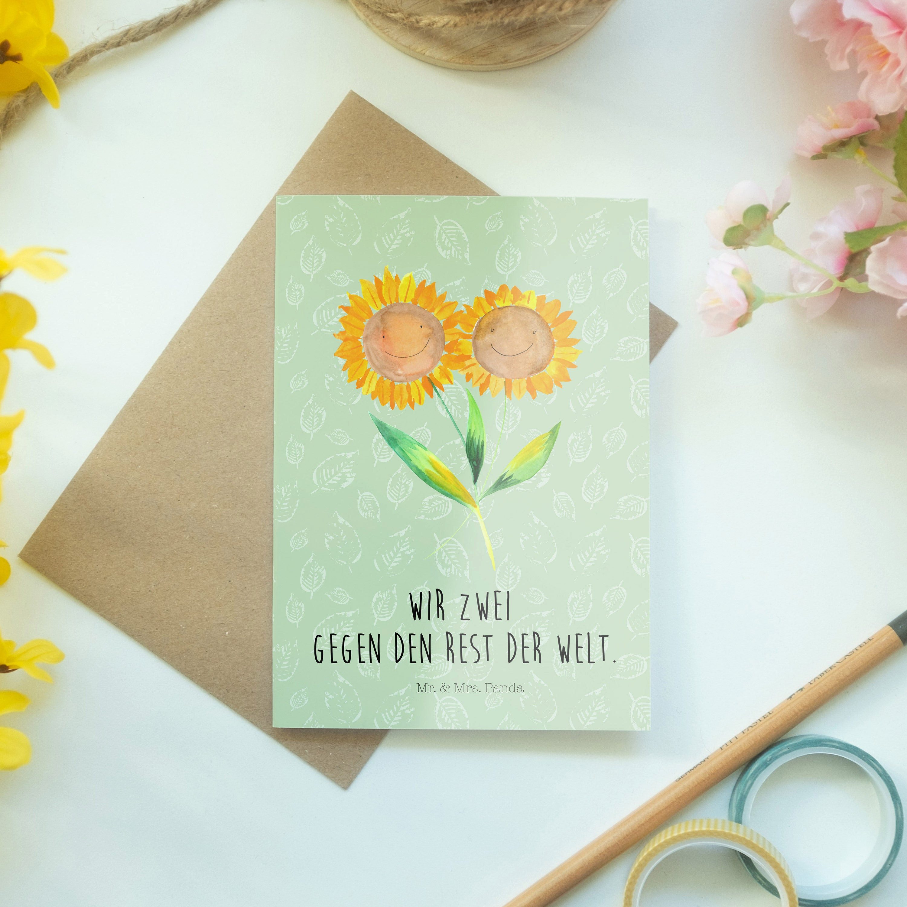 Thumbnail - Mr. & Mrs. Panda Grußkarte Blume Sonnenblume - Blattgrün - Geschenk, Freundin, Sommer Deko, Gart, Herzberührende Sprüche