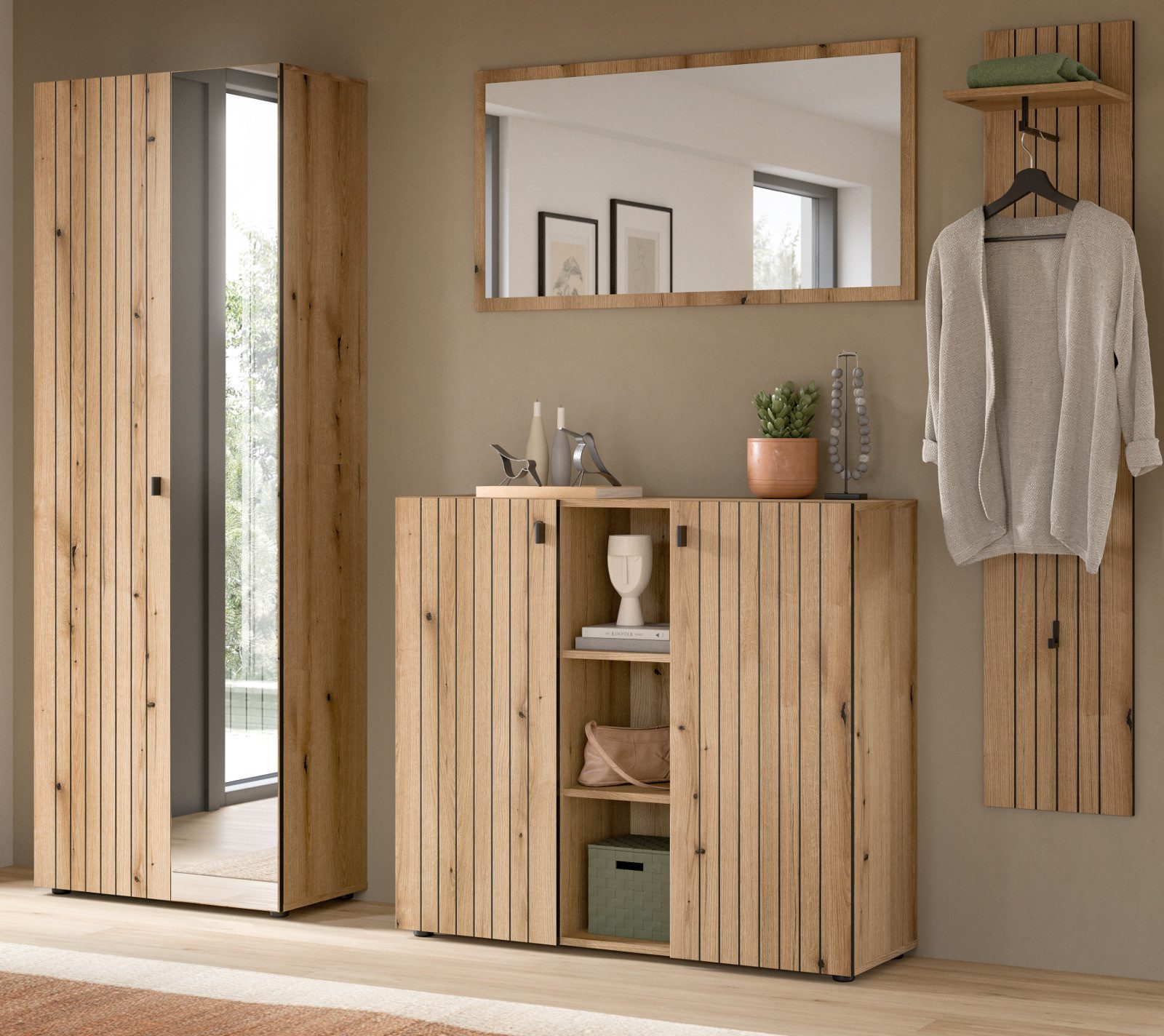 Inn.Furn Garderoben-Set Loreno, (Flurgarderobe in Evoke Eiche mit gefrästen Rillen in schwarz, 4-St., 232 x 192 cm), mit variabler Inneneinteilung