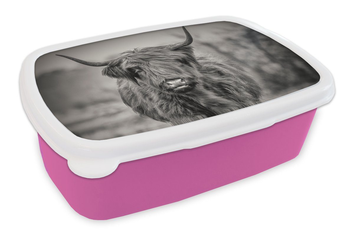 MuchoWow Lunchbox Schottischer Highlander - Schwarz und Weiß, Kunststoff, (2-tlg), Brotbox für Erwachsene, Brotdose Kinder, Snackbox, Mädchen, Kunststoff rosa