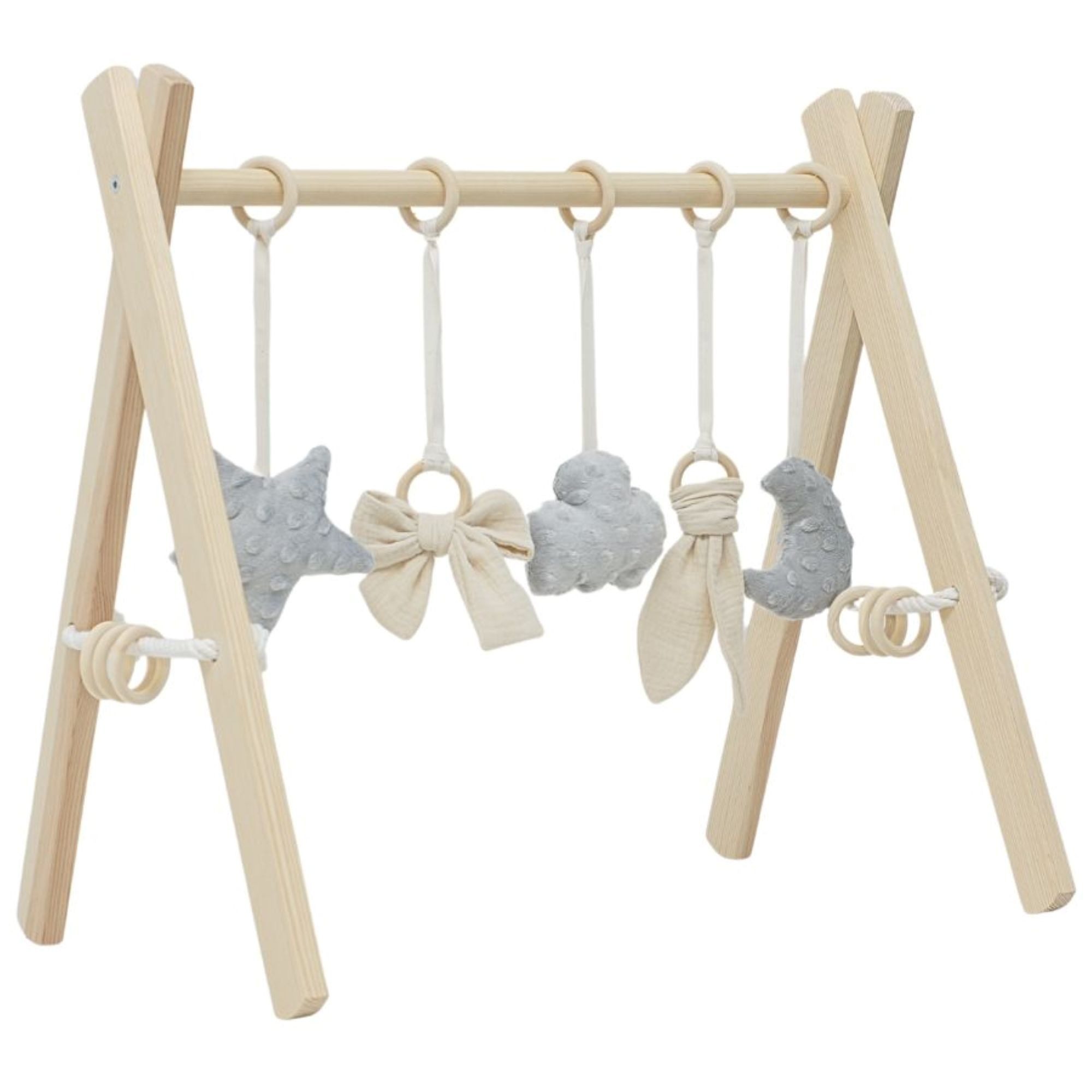 LuMali Baby Gym Holz Spielbogen klappbar 5 Spielzeuge 41x58x49cm Naturholz Kiefer, Spieltrapez Neugeborene sensorisch handgemacht faltbar leicht Geschenk