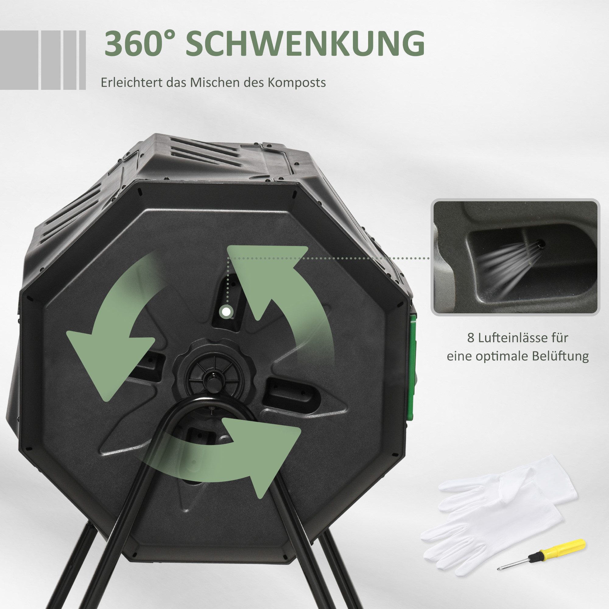 Outsunny Trommel-Komposter 160L Gartenkomposter mit 2 Kammern, drehbar, für Bio-Abfälle, Schwarz, effizient & robust Aosom – Bild 5 von 5