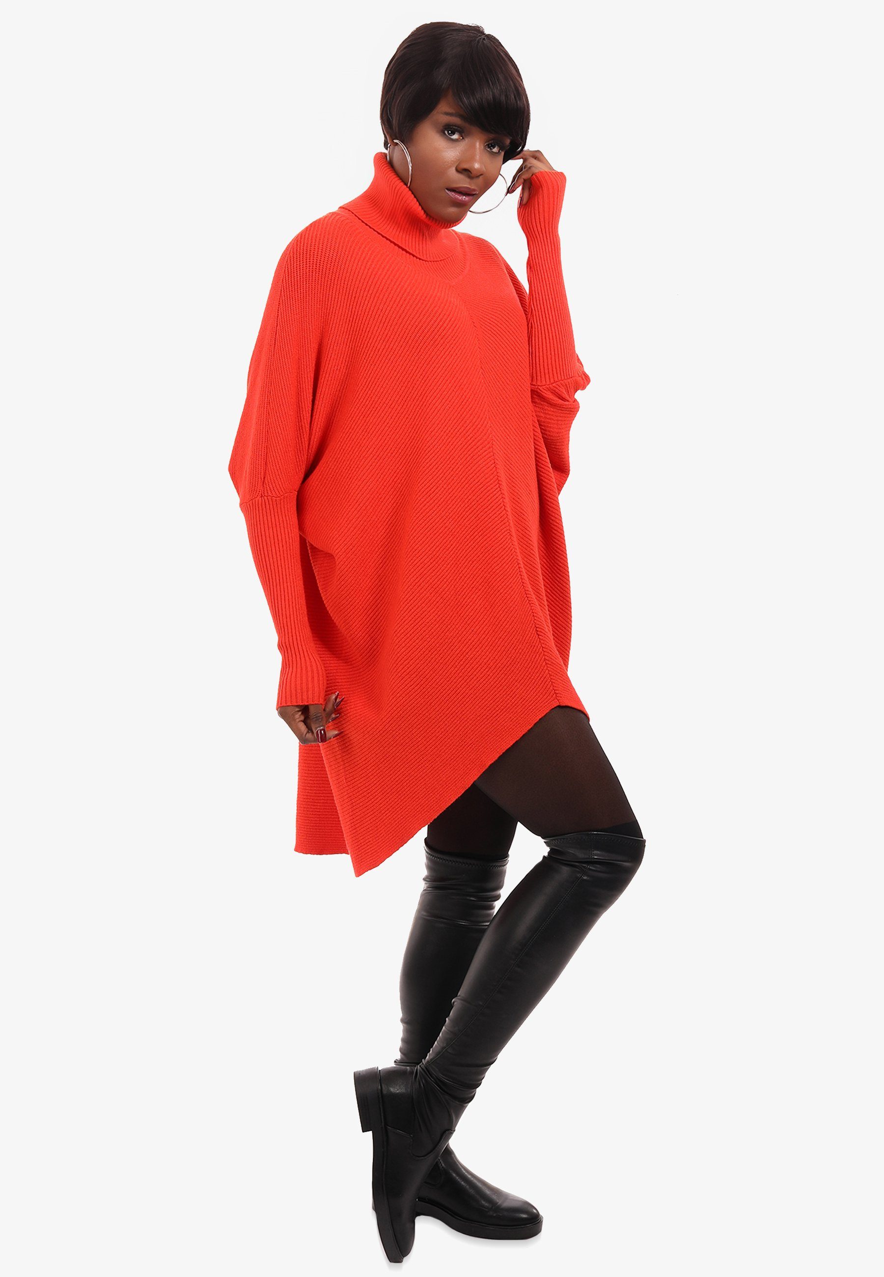 YC Fashion & mit lachsrot in Longpullover Rollkragen Size mit asymmetrisch Strickpullover Unifarbe, Plus Style Schultern überschnittenen (1-tlg)