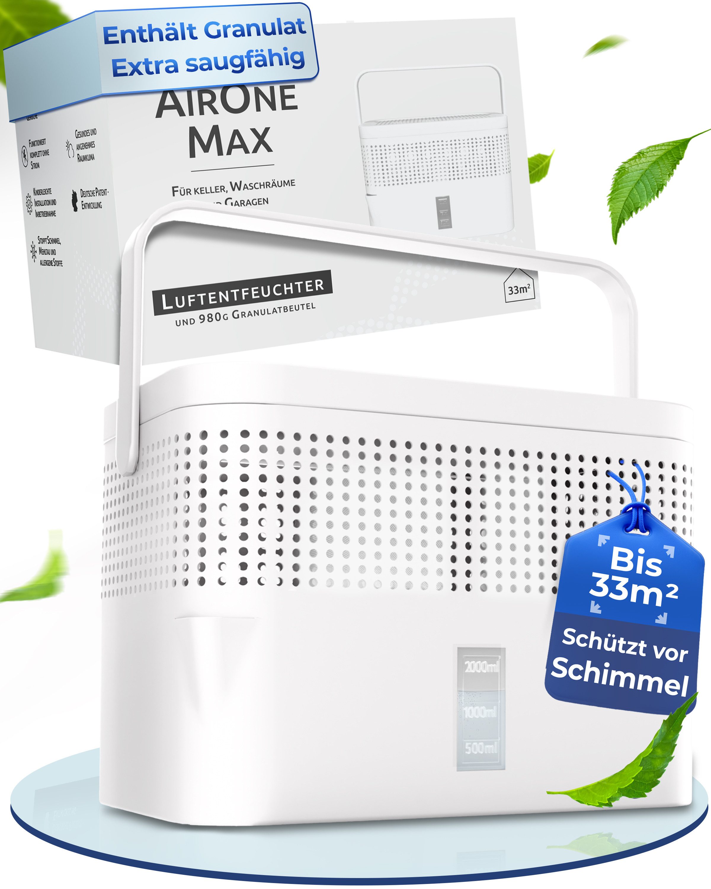 BonAura Luftentfeuchter ohne Strom, für 79 m³ Räume, 980g Granulat, Schutz gegen Schimmel und muffige Gerüche