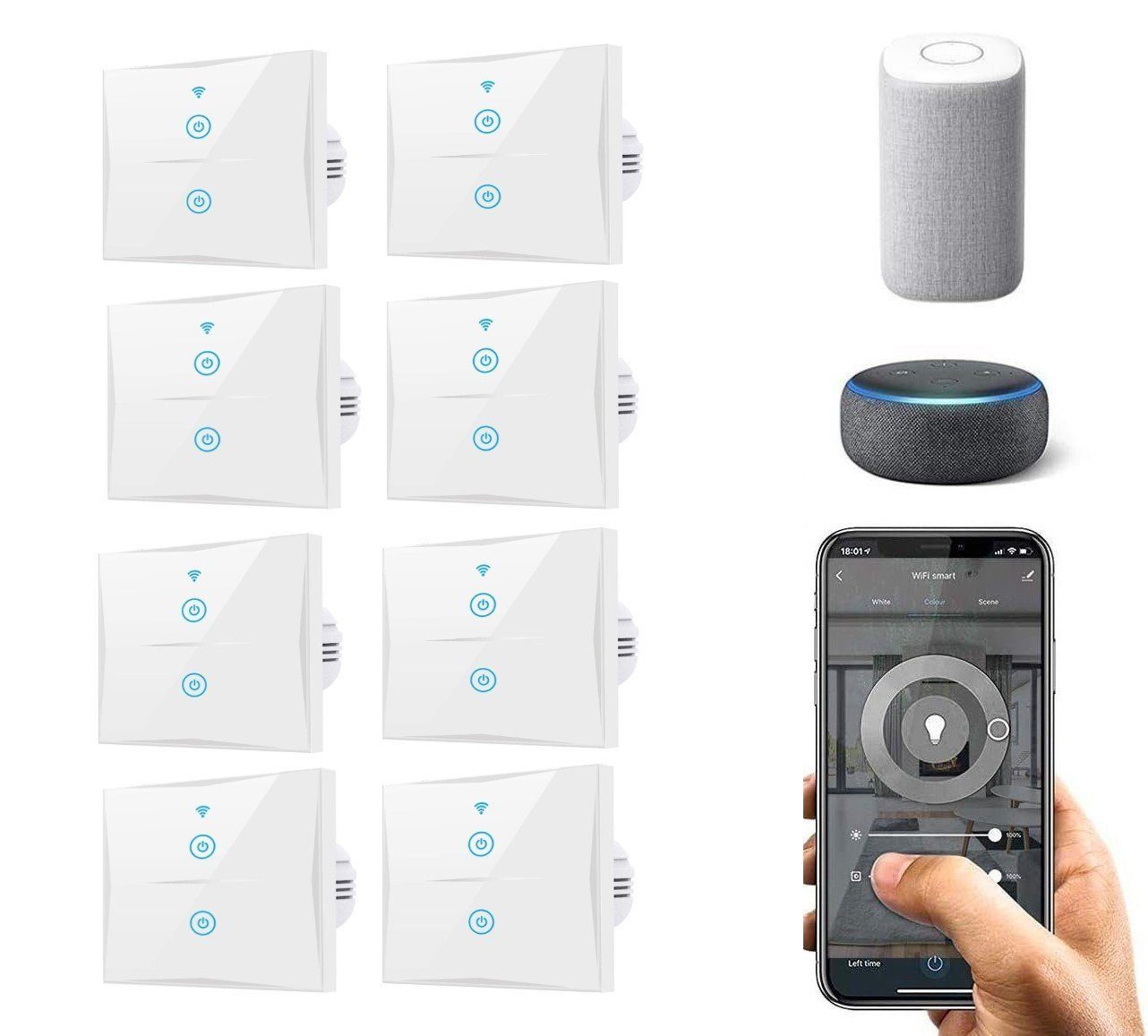 KESSMANN 8x Smart Home Touch Wifi 2-Weg Lichtschalter Wireless Schalter  Glas Smarter Lichtschalter, kompatibel mit Alexa Google Assistant LED  Wandschalter WLAN Timer funk, Wenn eine Überlastung stattfinden, wird der  Schalter automatisch ausgeschaltet.