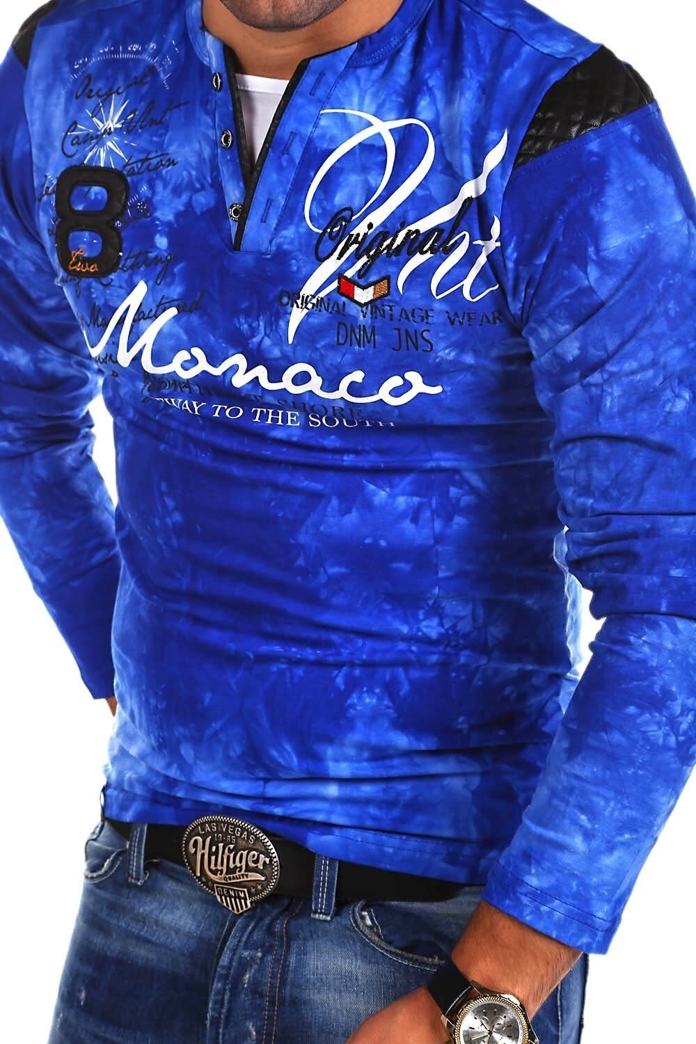 behype Langarmshirt P-Monaco mit Stickereien und Prints blau