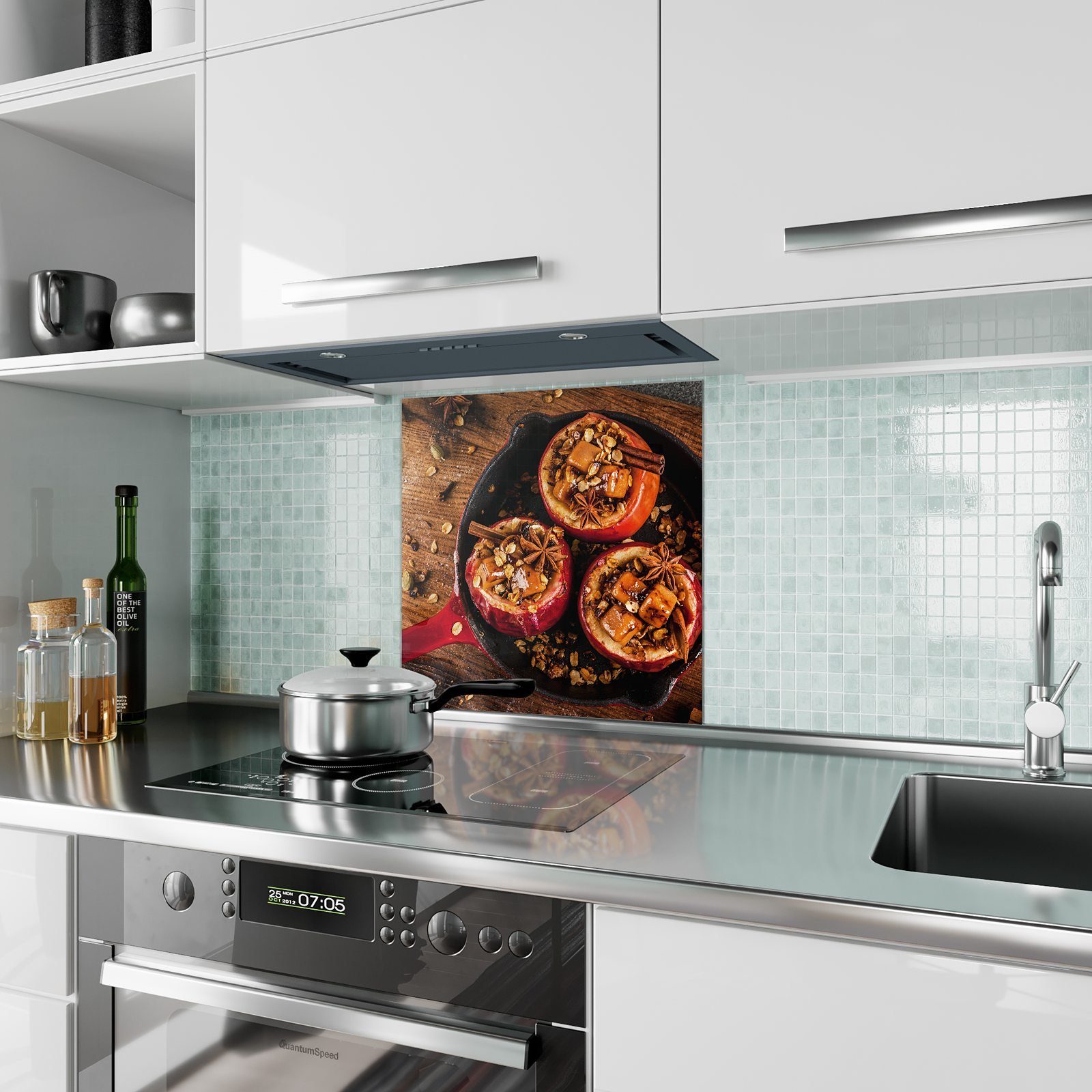 Spritzschutz Küchenrückwand mit Küchenrückwand Motiv Primedeco Gebackene Äpfel Glas