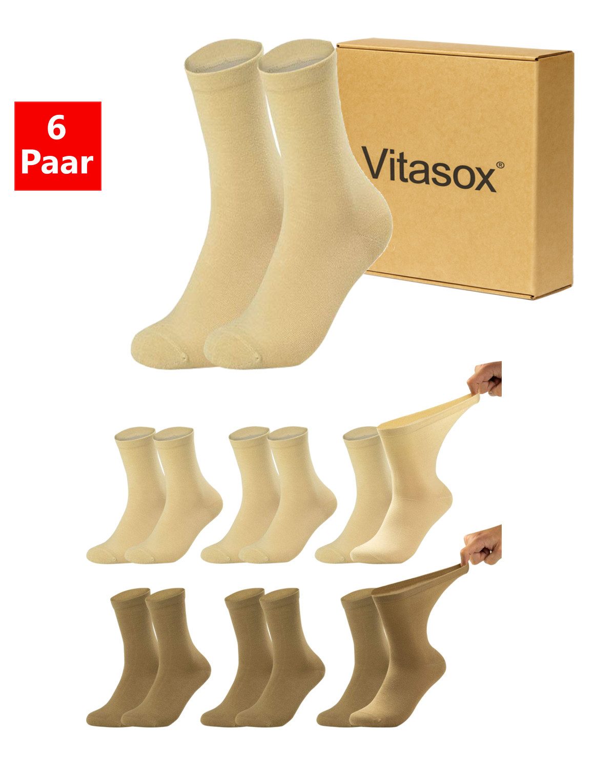 Vitasox Diabetikersocken für Damen - aus Baumwolle ohne Gummi, ohne Einschneiden und Abdrücken (6-Paar) mit weichem und dehnbarem Komfortbund