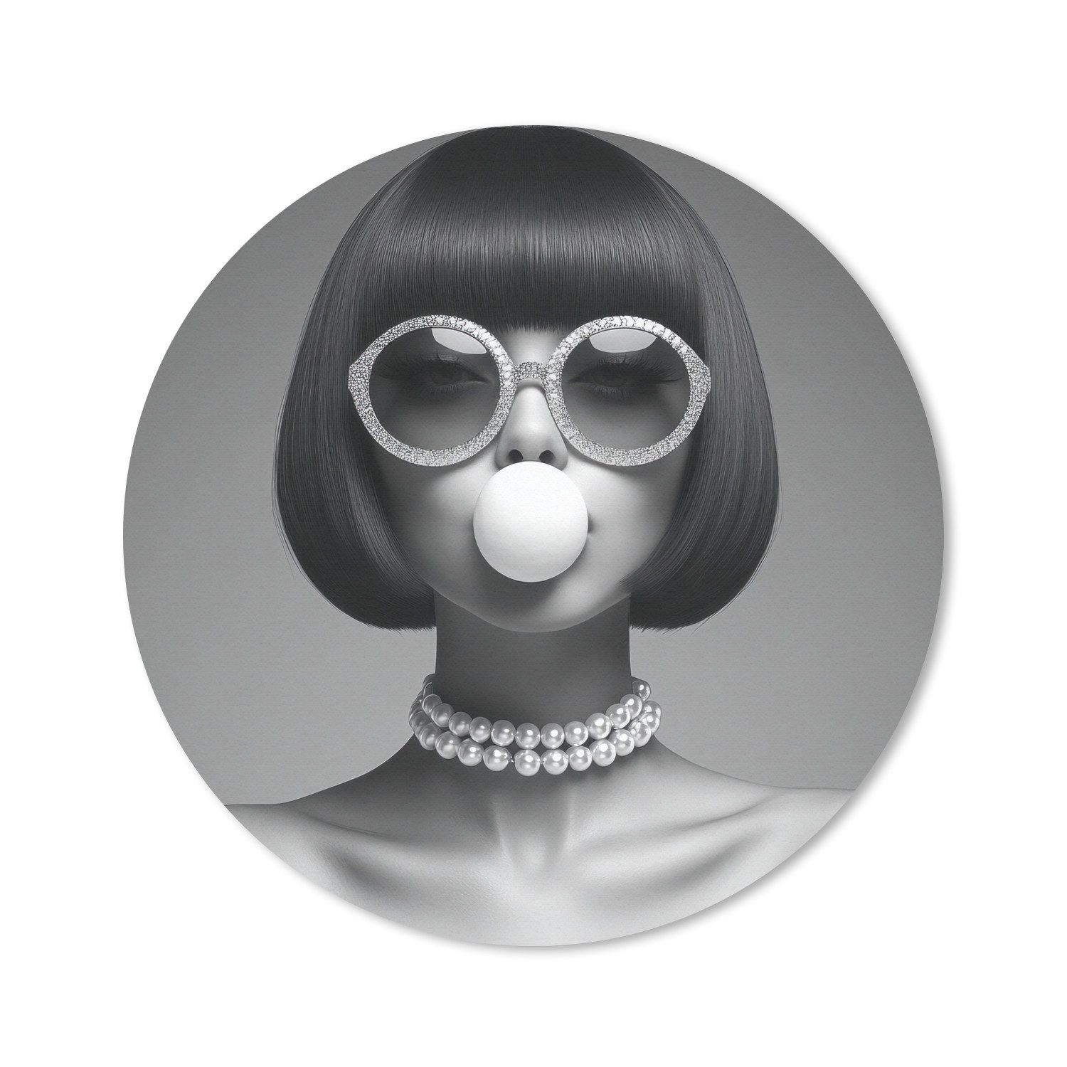 MuchoWow Mauspad Frau - Schwarz und weiß - Halskette - Sonnenbrille (1-St), Gaming, Rutschfester Unterseite, Mausunterlage, Rund 50x50 cm