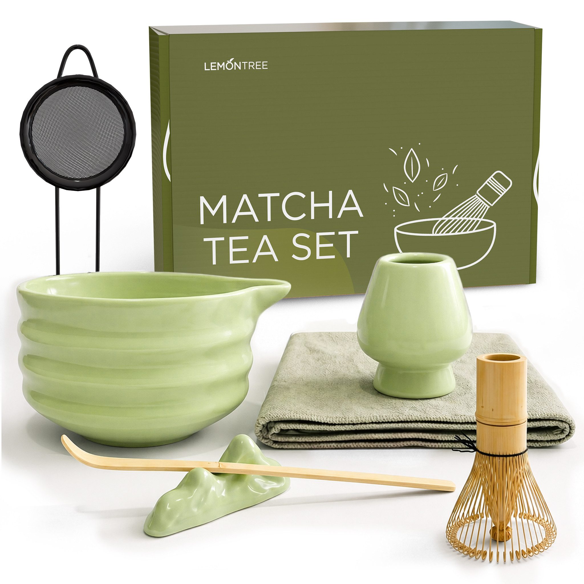Lemontree Teeservice Matcha Set - 7-teiliges Matcha Tee Lebensmittelecht, Spülmaschinenfest, 1 Personen, Keramik, Matcha Zubehör Set Bambus Besen, Keramik Schale, Matcha Löffel & Sieb