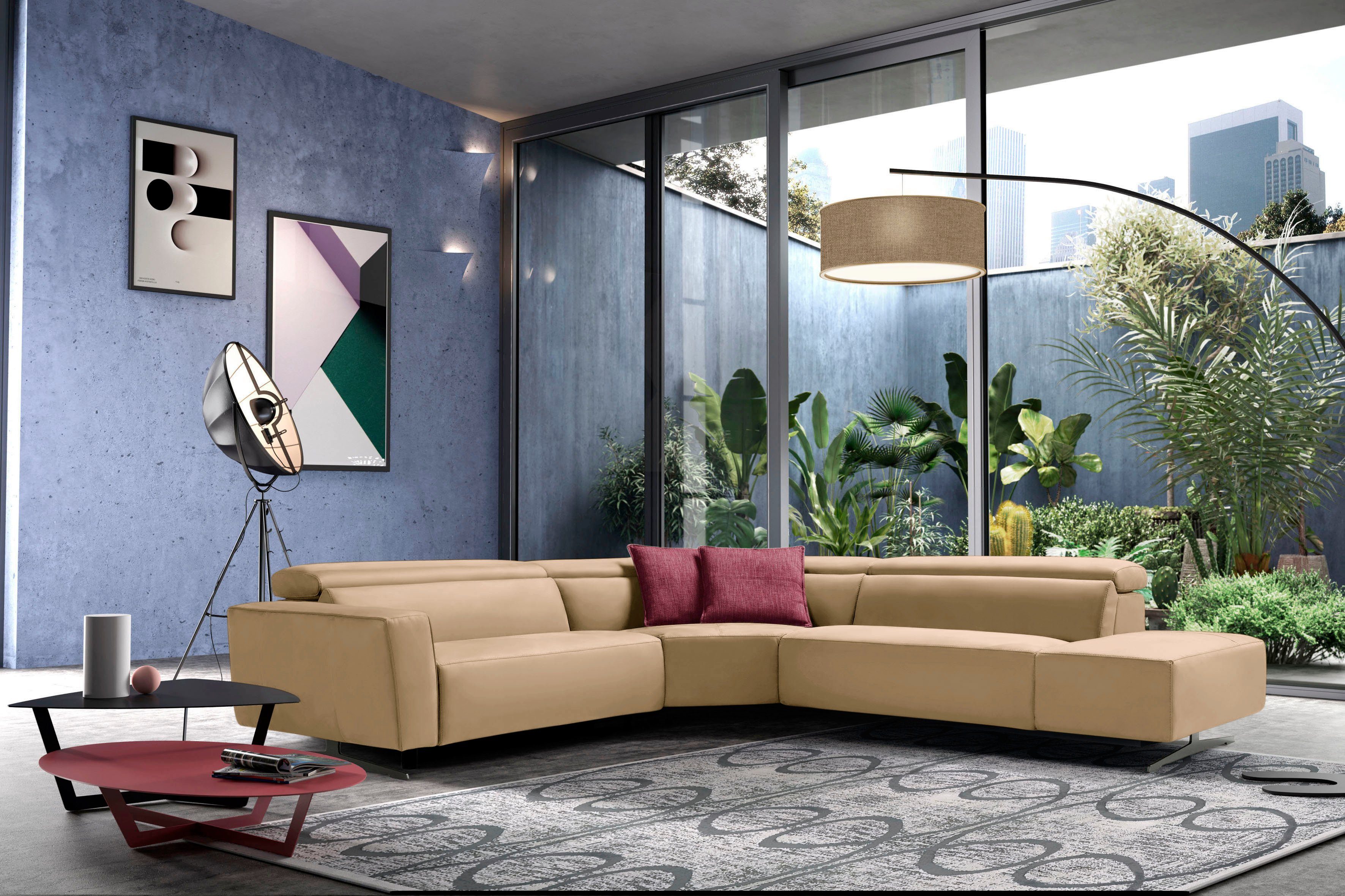 Egoitaliano Ecksofa Stefanie-e, Designsofa der Extraklasse, bequem mit hohem Sitzkomfort, mit Relaxfunktion und verstellbaren Kopfteilelementen