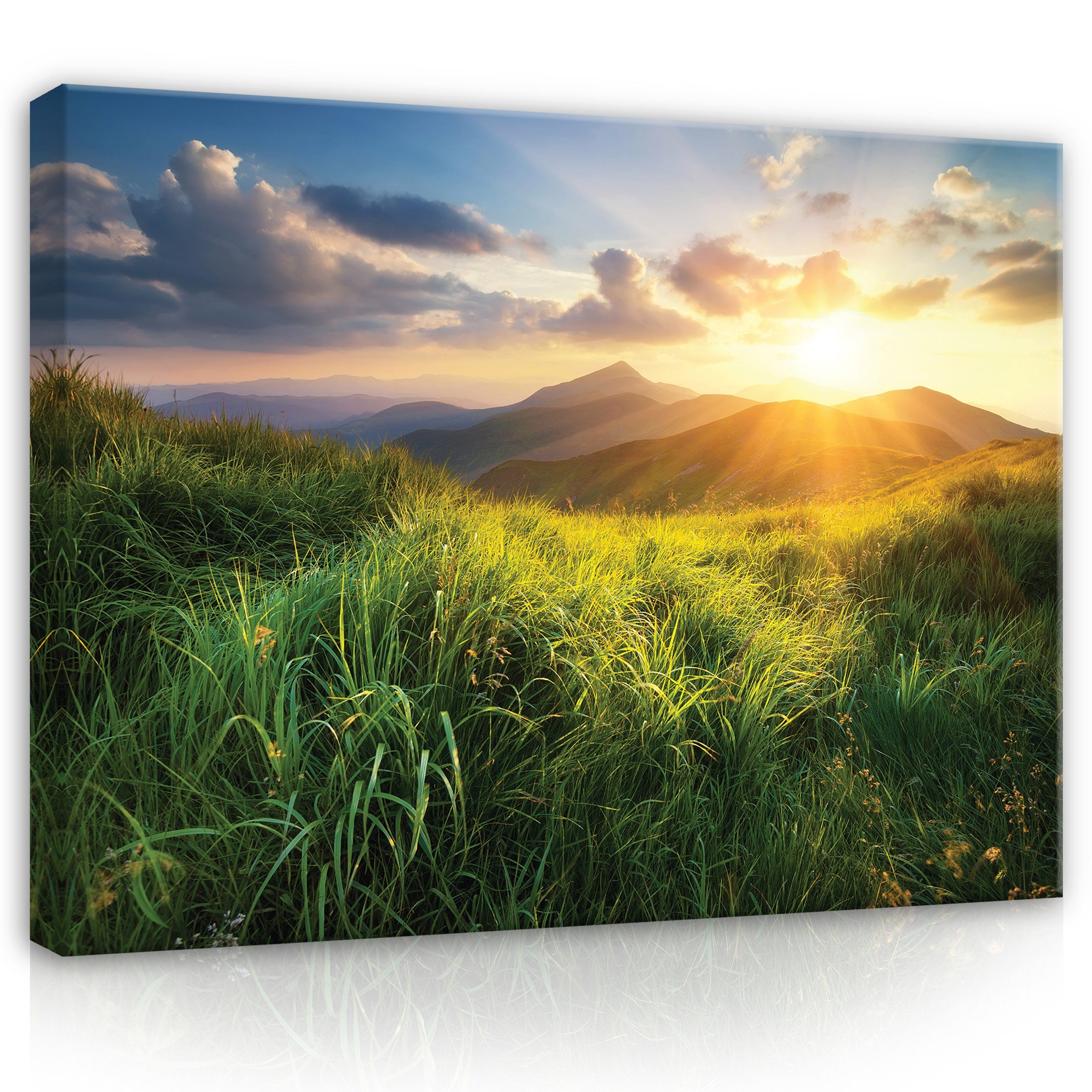 Wallarena Leinwandbild Landschaft Natur Berge Sonne Kunst Wandbild XXL Leinwandbilder Modern, Wiese (Einteilig), Aufhängefertig