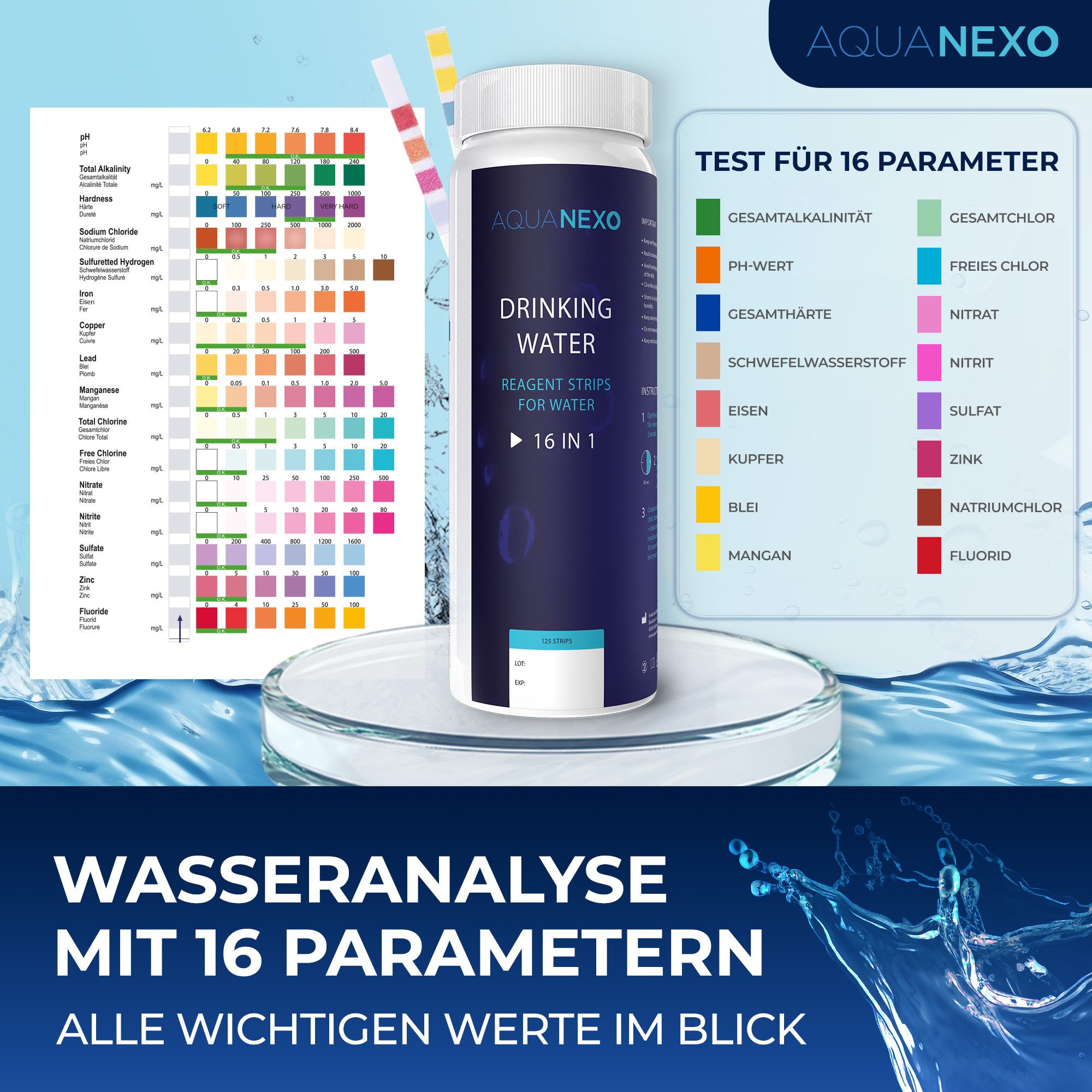 AquaNexo Trinkwassertest Wassertester Teststreifen 16-in-1 pH, Wasserhärte 125 st.