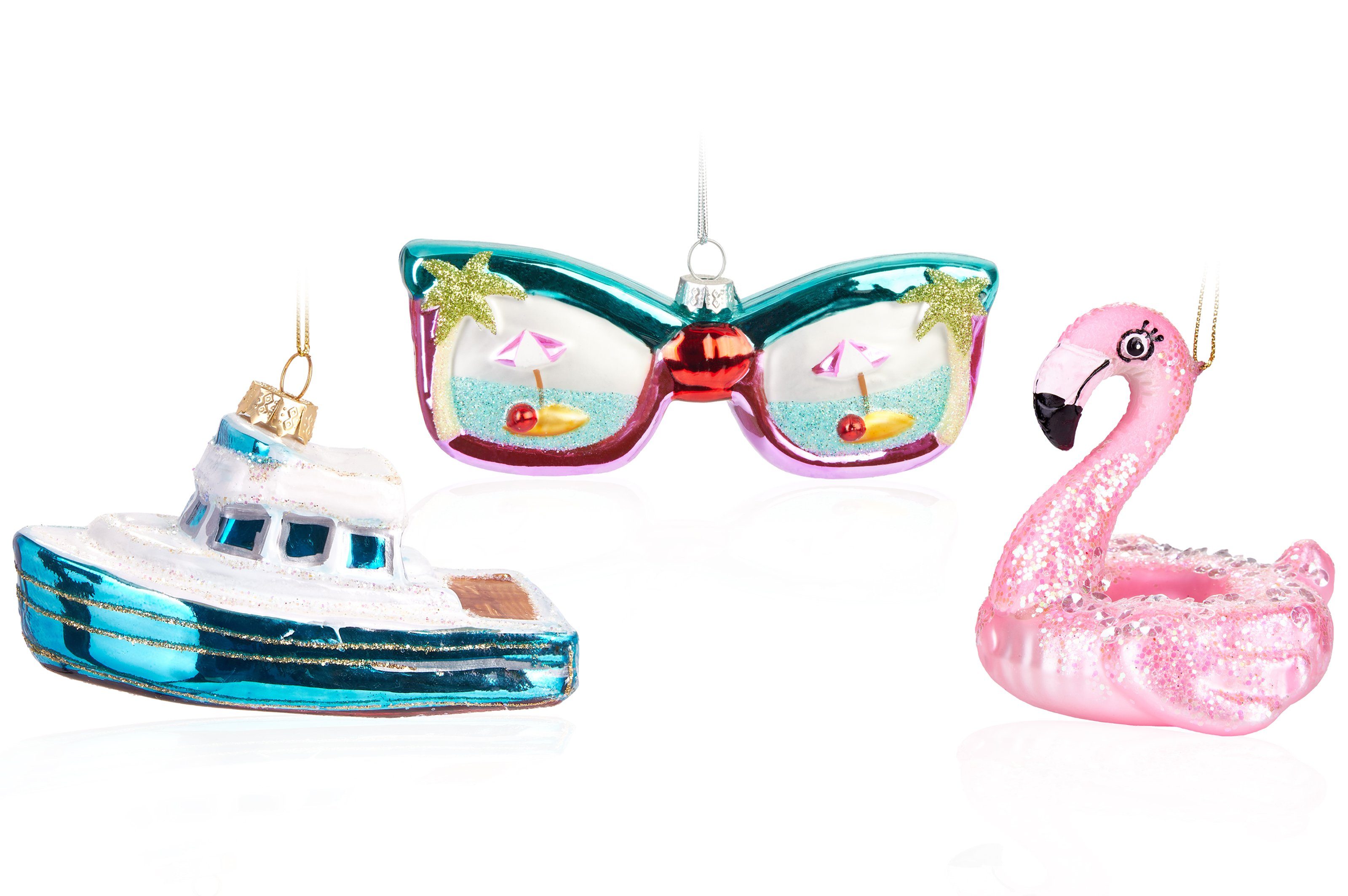 BRUBAKER Christbaumschmuck Weihnachtskugeln Strand Urlaub Sonnenbrille Boot Flamingo Schwimmring (3-tlg), Baumkugel Set aus Glas für Reisende Urlauber Lustig