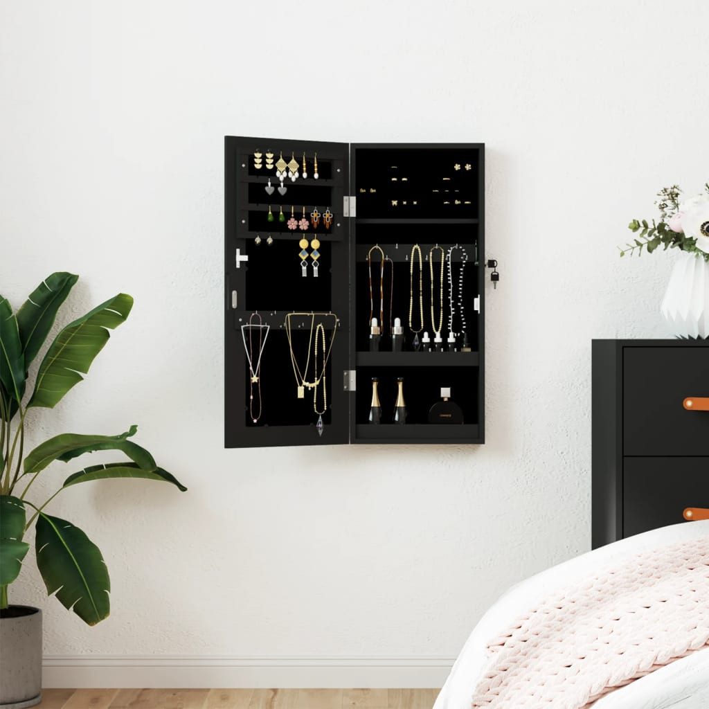 furnicato Wandspiegel Spiegel-Schmuckschrank 30 x 8,5 x 67 cm Schwarz (1-St), Abschließbarer Schmuckspiegel mit weichem Innenfutter für die Wand