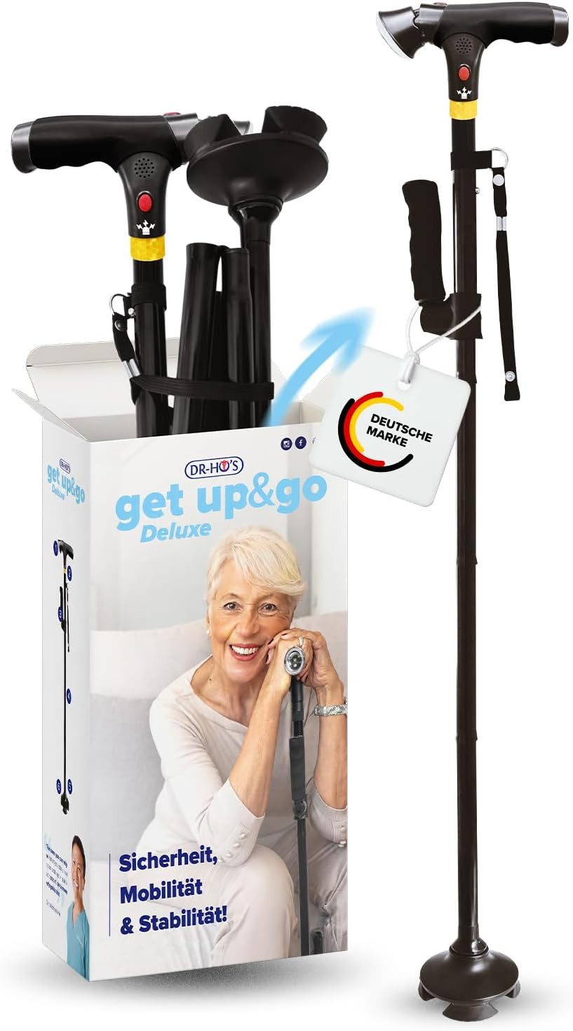 DR-HO'S Gehstock Get Up & Go für Senioren & Erwachsene, Einzelartikel, mit LED-Licht, Alarmknopf, Aufstehhilfe und 4-Punkt-Standfuß, klappbar und höhenverstellbar