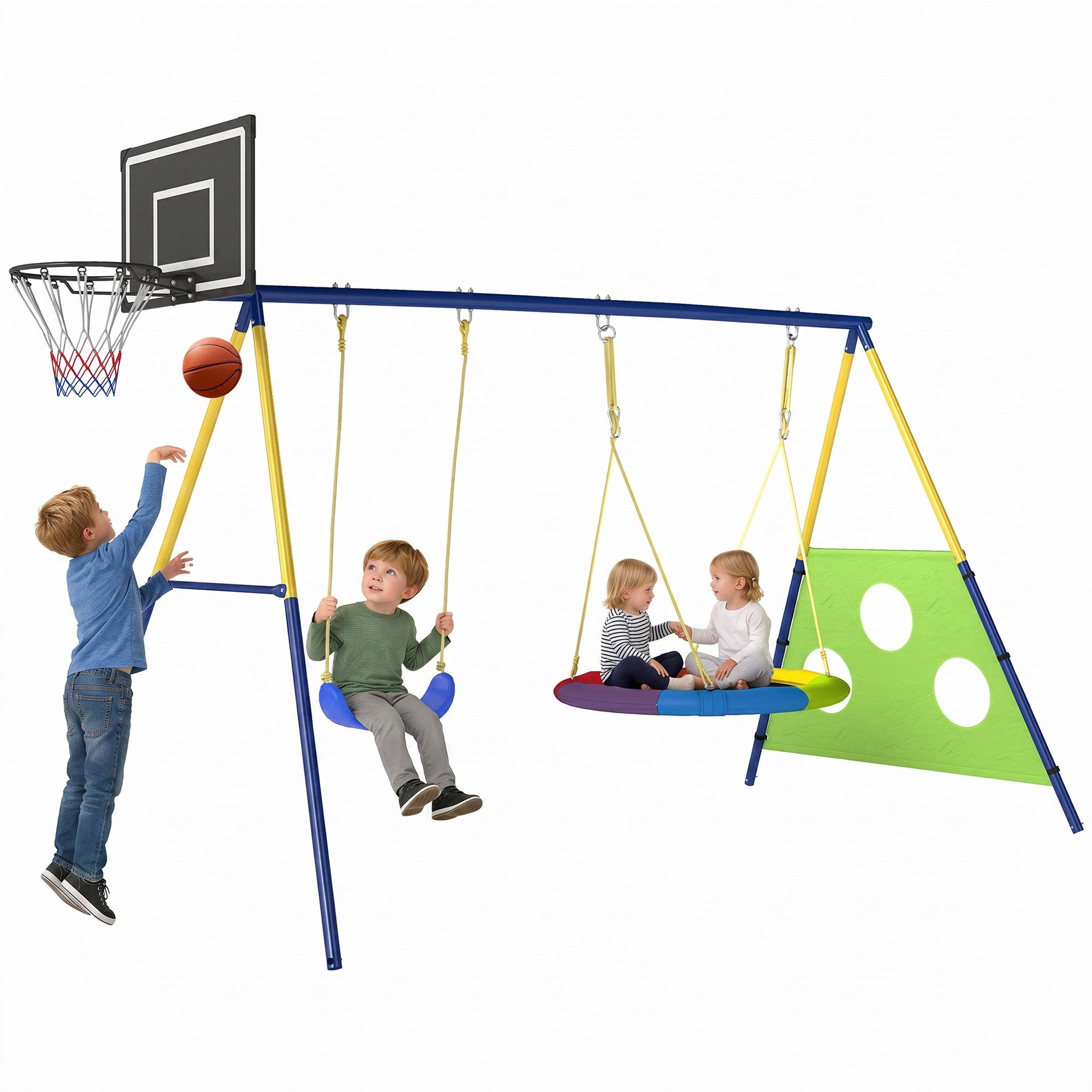 AIYAPLAY Schaukelgestell Nestschaukel Basketballkorb mit Stahlgestell, verstellbarem Seil, (4-in-1 Schaukel-Set, 1-tlg., Outdoor Schaukelgerüst), für 3-8 Jahre Kinder, 288 x 160 x 220 cm, Mehrfarbig