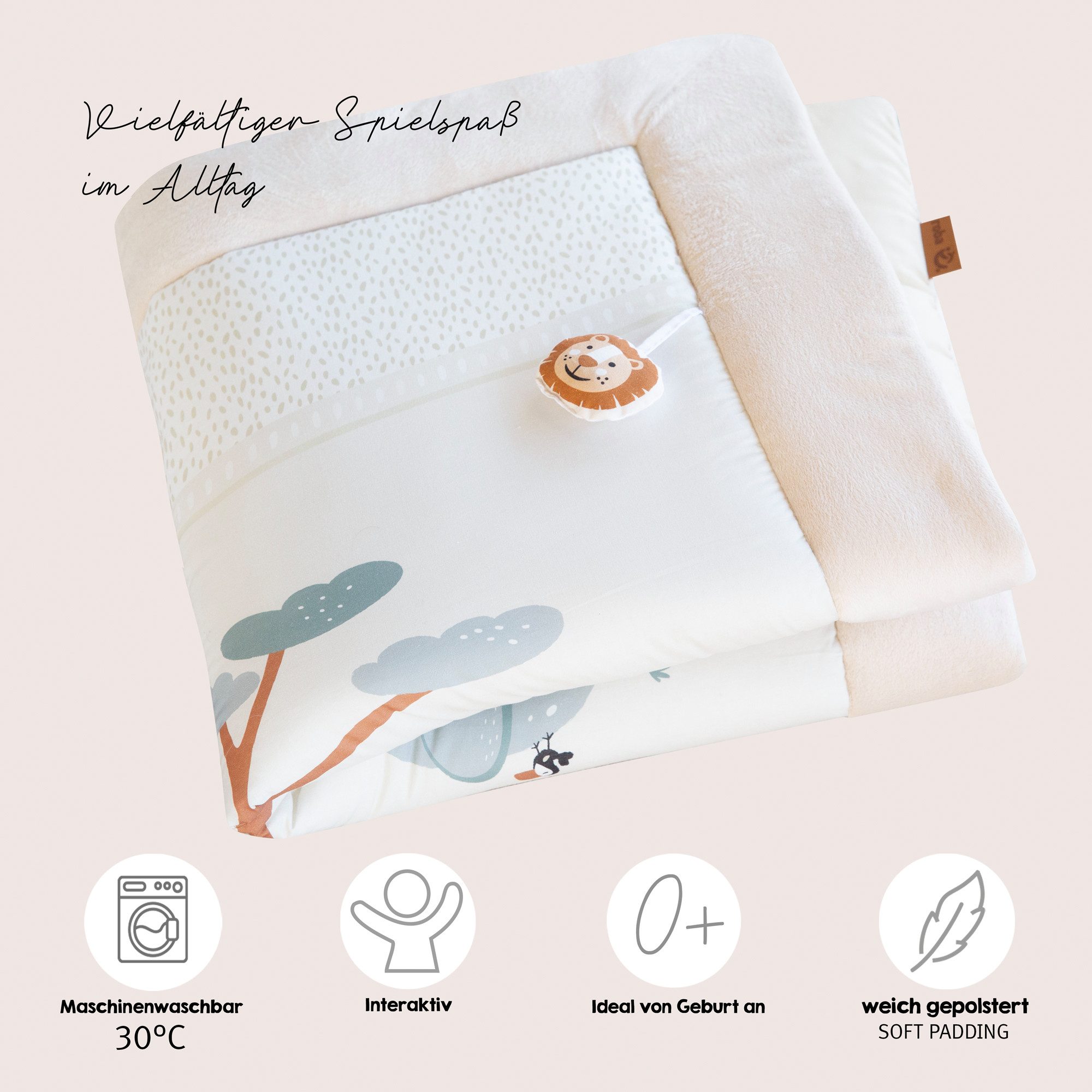 Krabbeldecke Savanna Friends 100 x 100 cm - Weich gepolsterte Spielmatte für Babys, roba®, Ab Geburt - Spieldecke aus Baumwolle - Tier-Design - Beige
