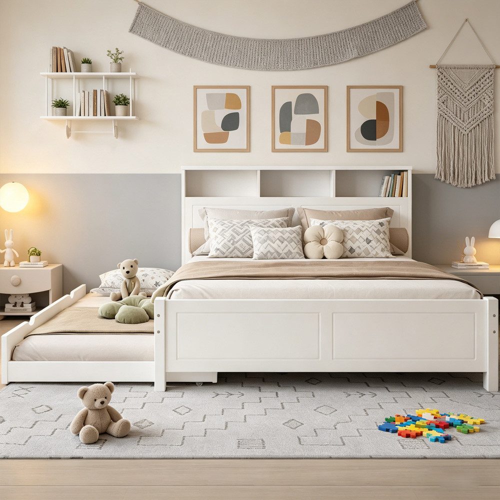 REDOM Holzbett mit Ausziehbett, Ladebuchse & LED-Umgebungslicht (Kinderbett, Familien-Spleißbett, Kopfteil-Aufbewahrung, 120x200 & 90x190 cm, für Gäste und Kinderzimmer), ohne Matratze