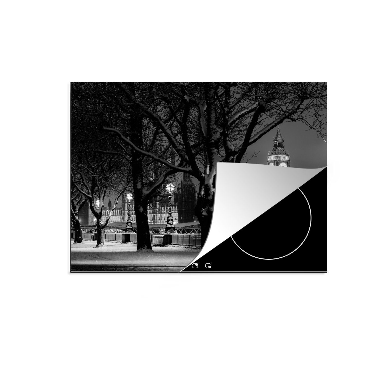 MuchoWow Herdblende-/Abdeckplatte London im Winter - schwarz und weiß, Vinyl, (1 tlg), 60x52 cm, Mobile Arbeitsfläche nutzbar, Ceranfeldabdeckung