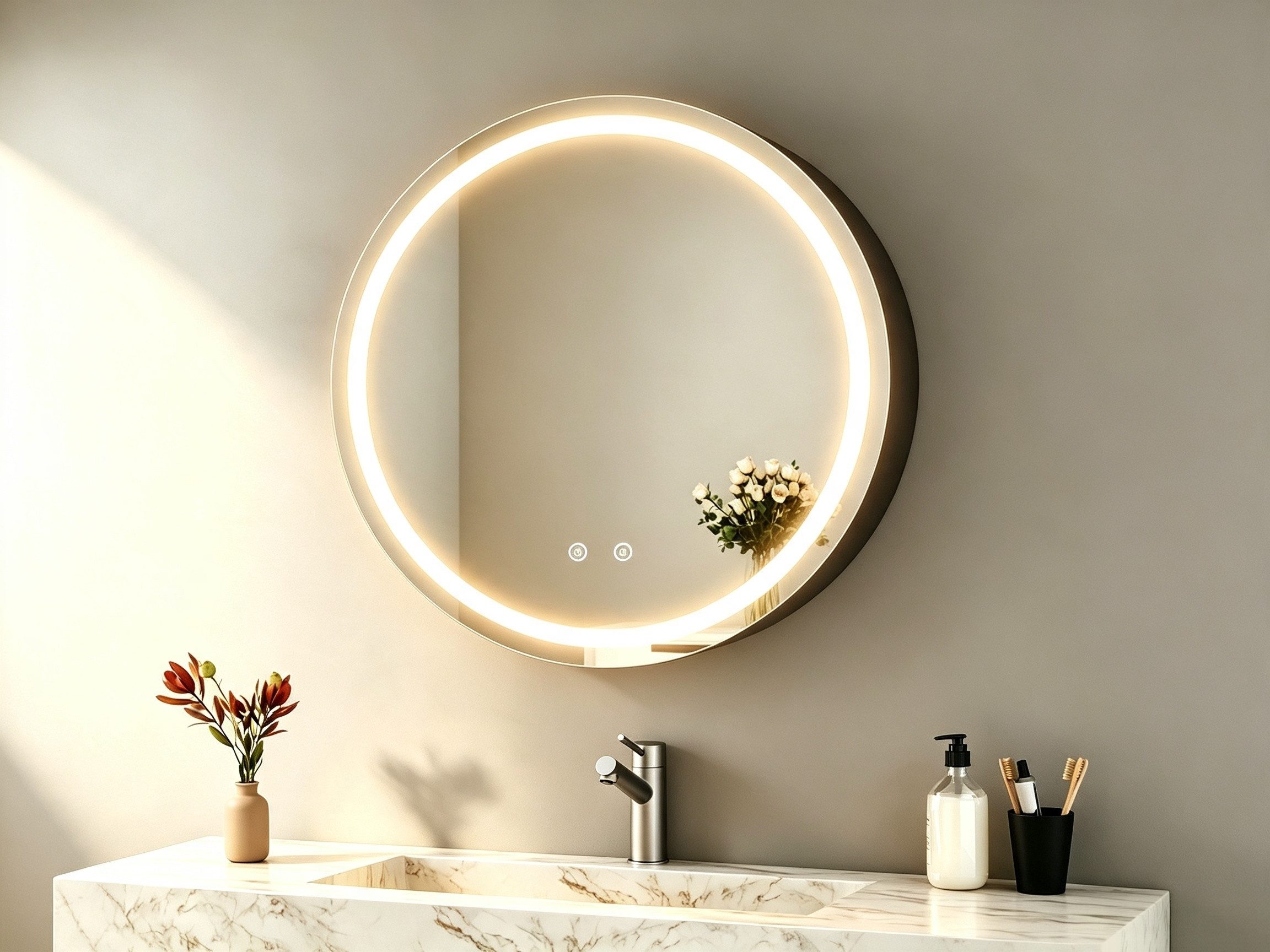 WDWRITTI Spiegelschrank Bad mit Beleuchtung Badezimmerspiegelschrank mit LED ∅80cm, ∅60cm (Wandschrank Badezimmer Rund 60x60cm 80x80cm, 3Lichtfarben, Dimmbar, Anti-fog, Speicherfunktion) Metall Schrank, Stahlblechregale, mit Netzadapter, IP44