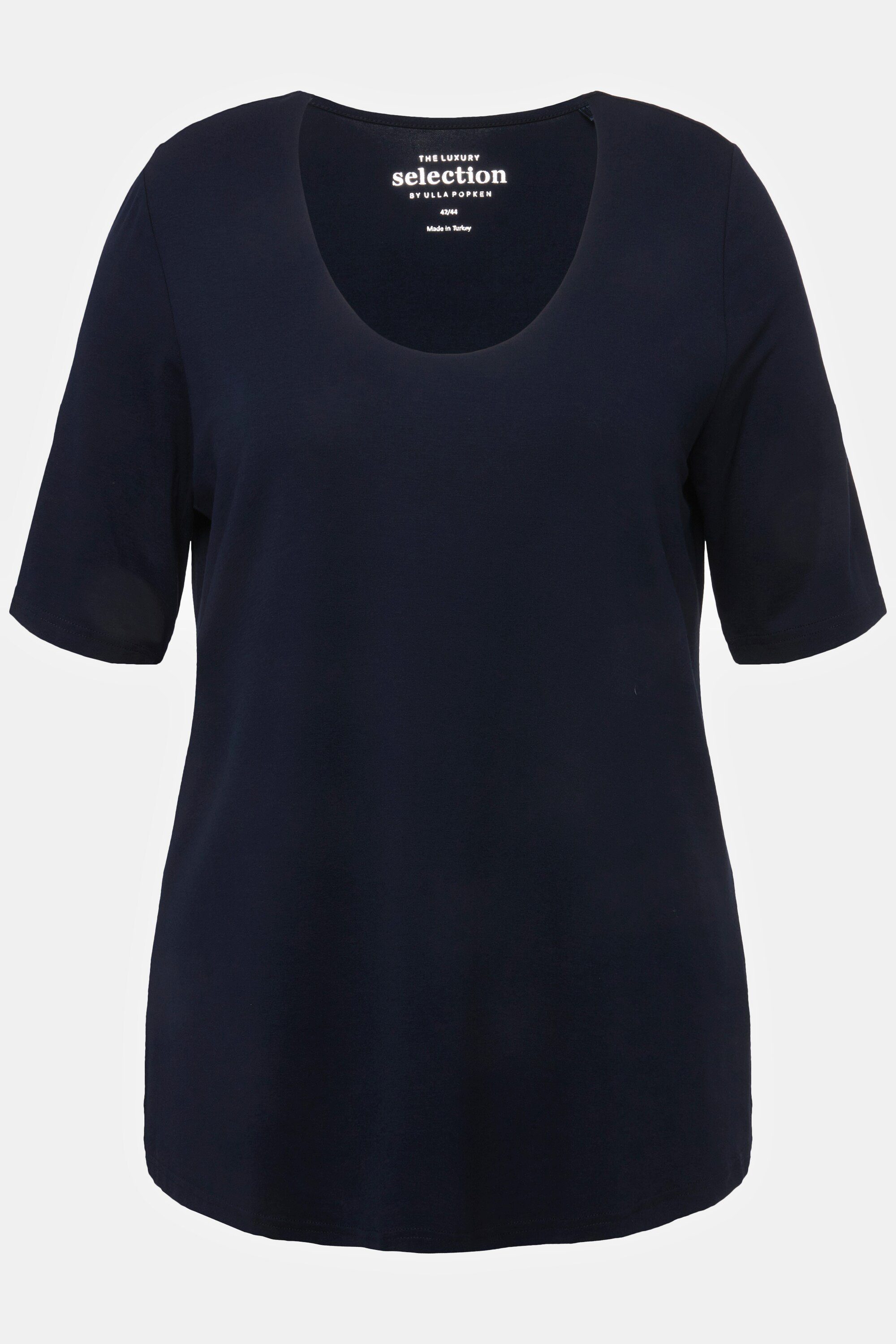 Ulla Popken Rundhalsshirt T-Shirt vorne doppellagig V-Ausschnitt Halbarm mitternachts blau