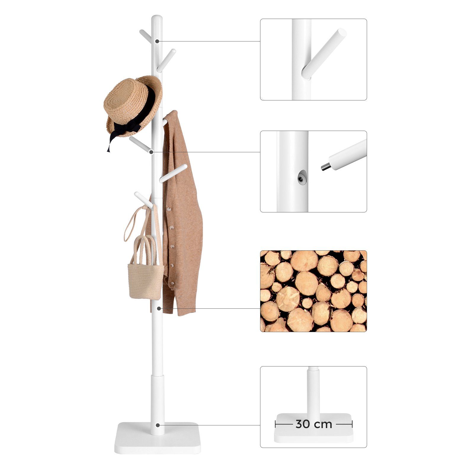 VASAGLE Garderobenständer Kleiderständer Massivholz, Jackenständer Baumform, Hüte, für Flur, 8 Haken für Jacken, 30 x 30 x 175 cm – Bild 3 von 5