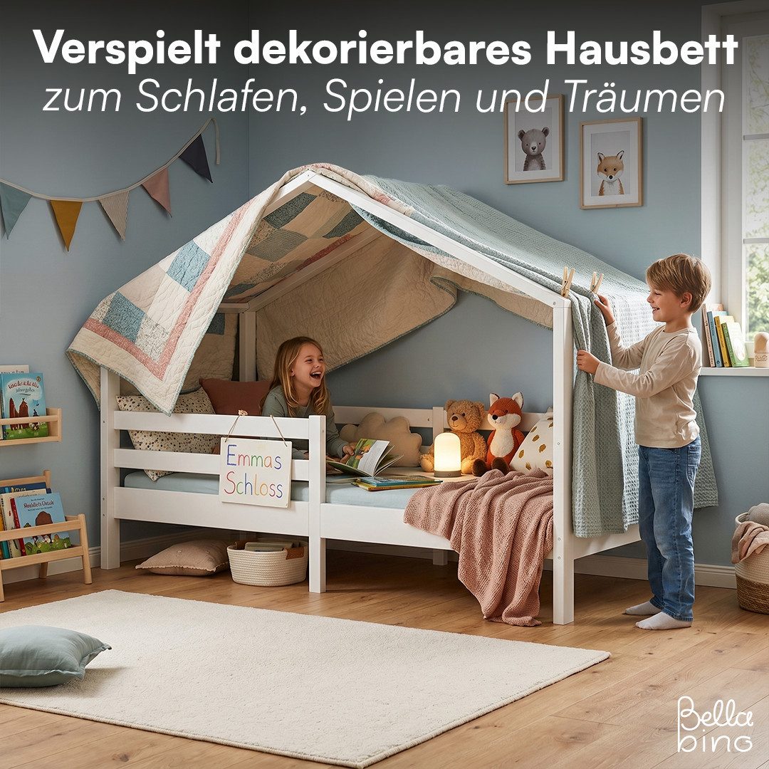 Bellabino Hausbett Abia Kinderbett mit Lattenrost und Rausfallschutz (weiß, optional mit Matratze), Kinderbett 90x200 cm, verfügbar in verschiedenen Ausführunge – Bild 5 von 5