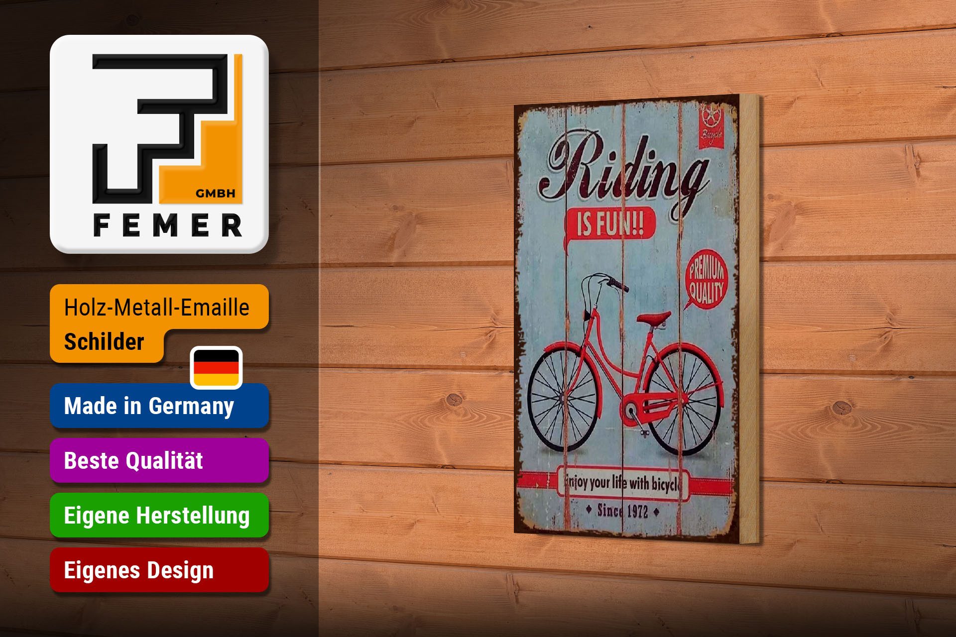 Femer GmbH Holzbild Fahrrad 12x18 cm riding is fun Enjoy your life with bicycle, (1 St), Glatte Holzfaserplatte (MDF), vorn beschichtet