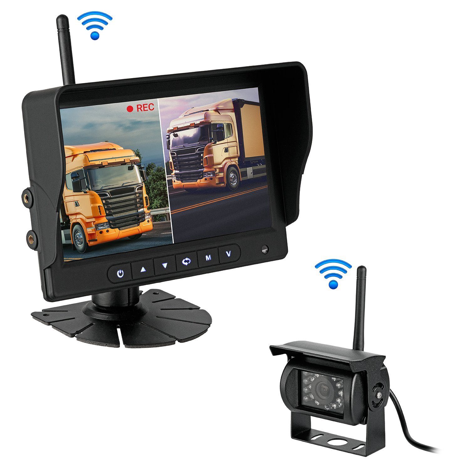 CARMATRIX BDW-710C+1 Rückfahrkamera (Funk Video Rückfahrsystem Digital Auto  LKW Wohnmobil Monitor 12V 24V, Aufnahmefunktion, SD Karte, Mikrofon, Audio,  Distanzlabel, IPS Monitor)