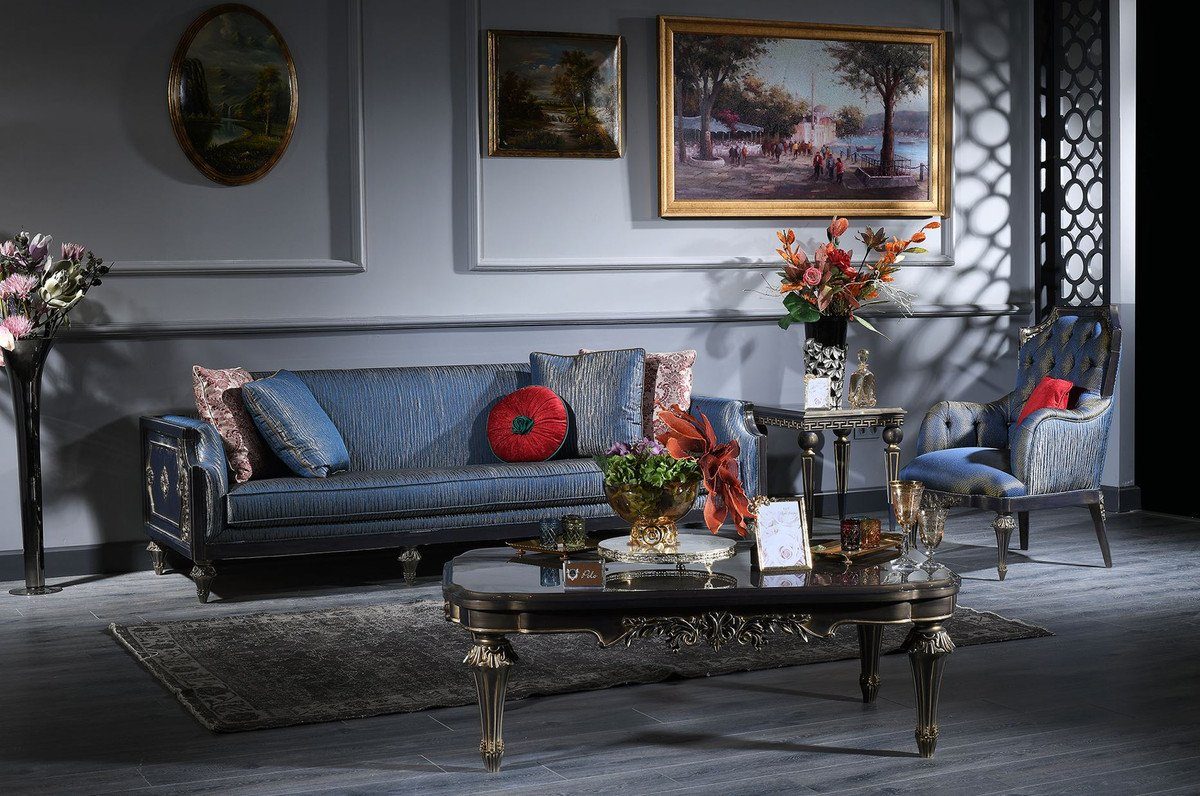 Casa Padrino Couchtisch Luxus Barock Set Blau / Gold - 2 Sofas & 2 Sessel & 1 Couchtisch & 2 Beistelltische - Prunkvolle Barock Möbel - Luxus Qualität