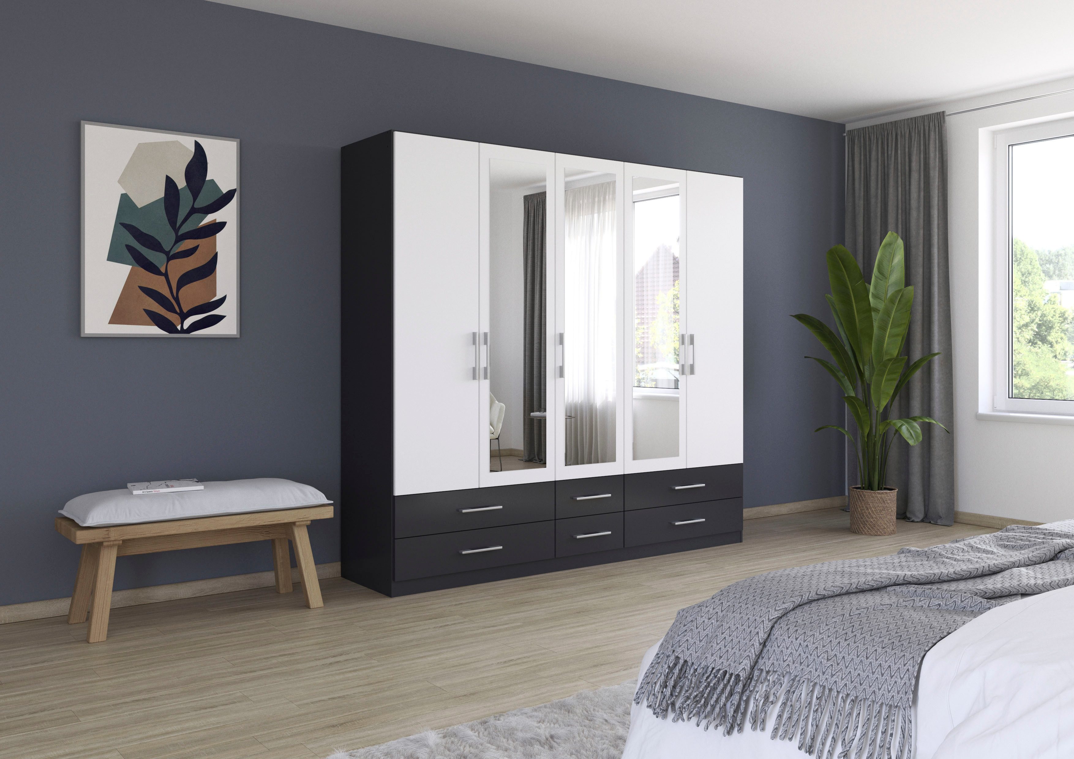 rauch Kleiderschrank Schrank Garderobe Wäscheschrank HERSBRUCK in 2 Breiten (Breiten: 226 oder 271 cm, Höhe 210 cm) mit 6 großzügigen Schubladen sowie Spiegeltüren MADE IN GERMANY