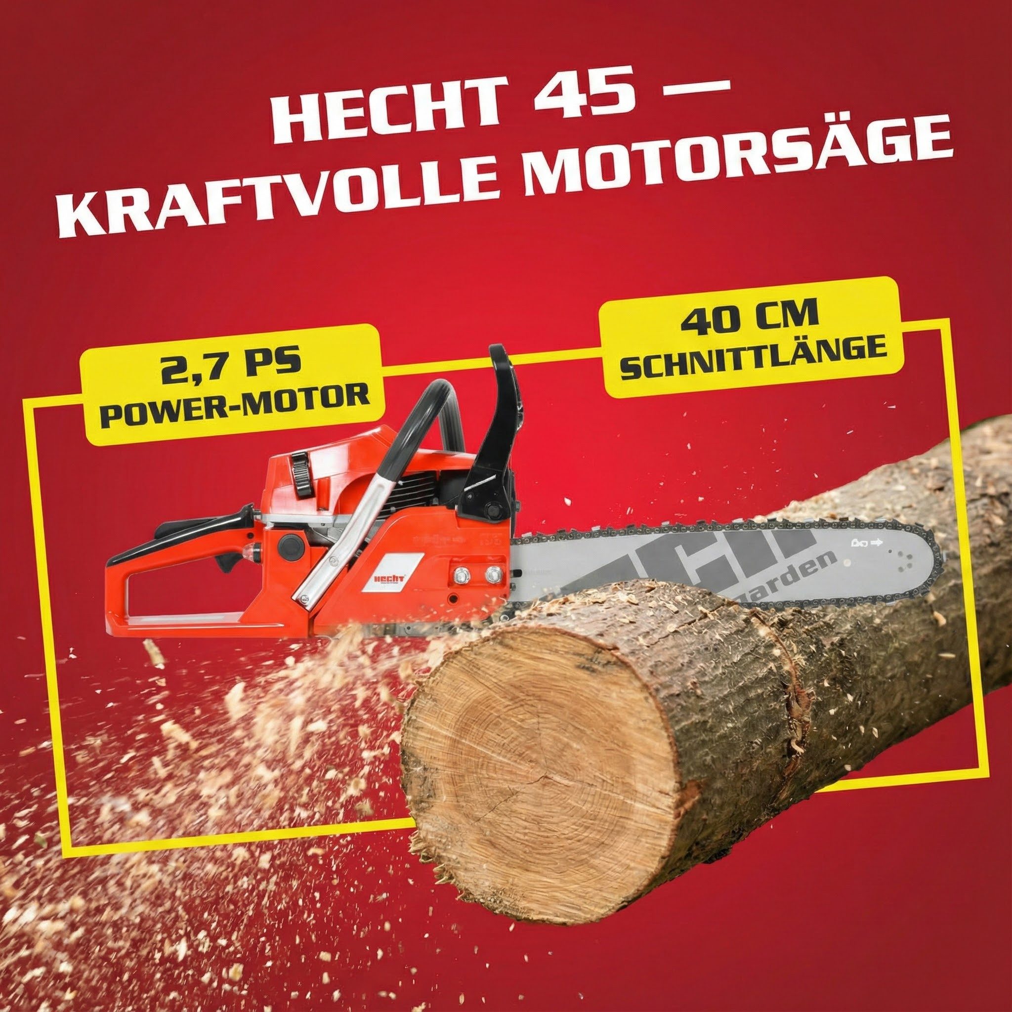 Hecht Benzin-Kettensäge 45 mit 40 cm Schnittlänge, 47,00 cm Schwertlänge, 2,7 PS, 5,4 kg, 10000 U/min, ergonomisch