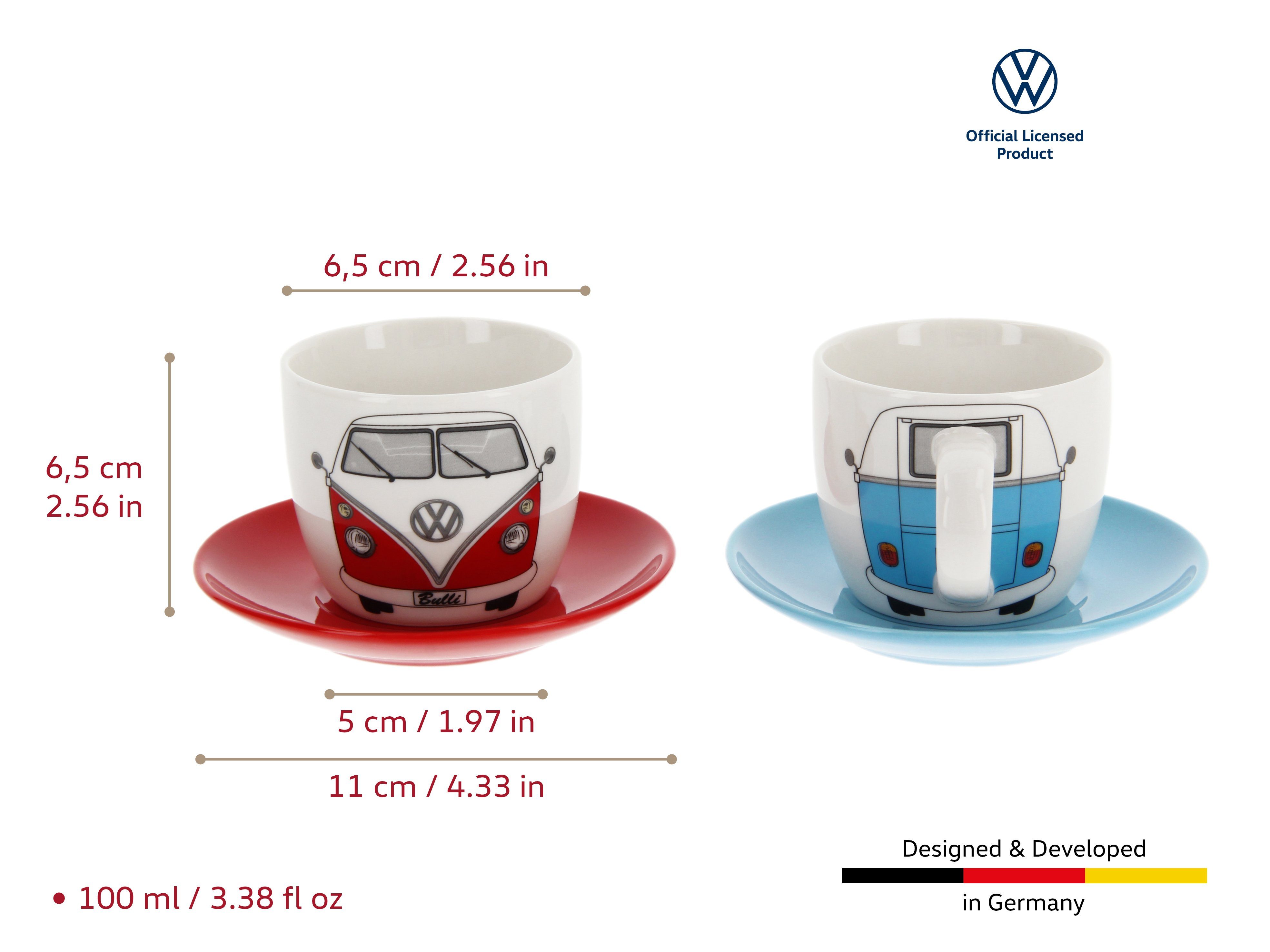 VW Collection by BRISA Espressotasse Volkswagen kleine Kaffeetassen, New Bone China, Espresso Becher im T1 Bulli Bus Design Bus Front, 2er Set, 100ml