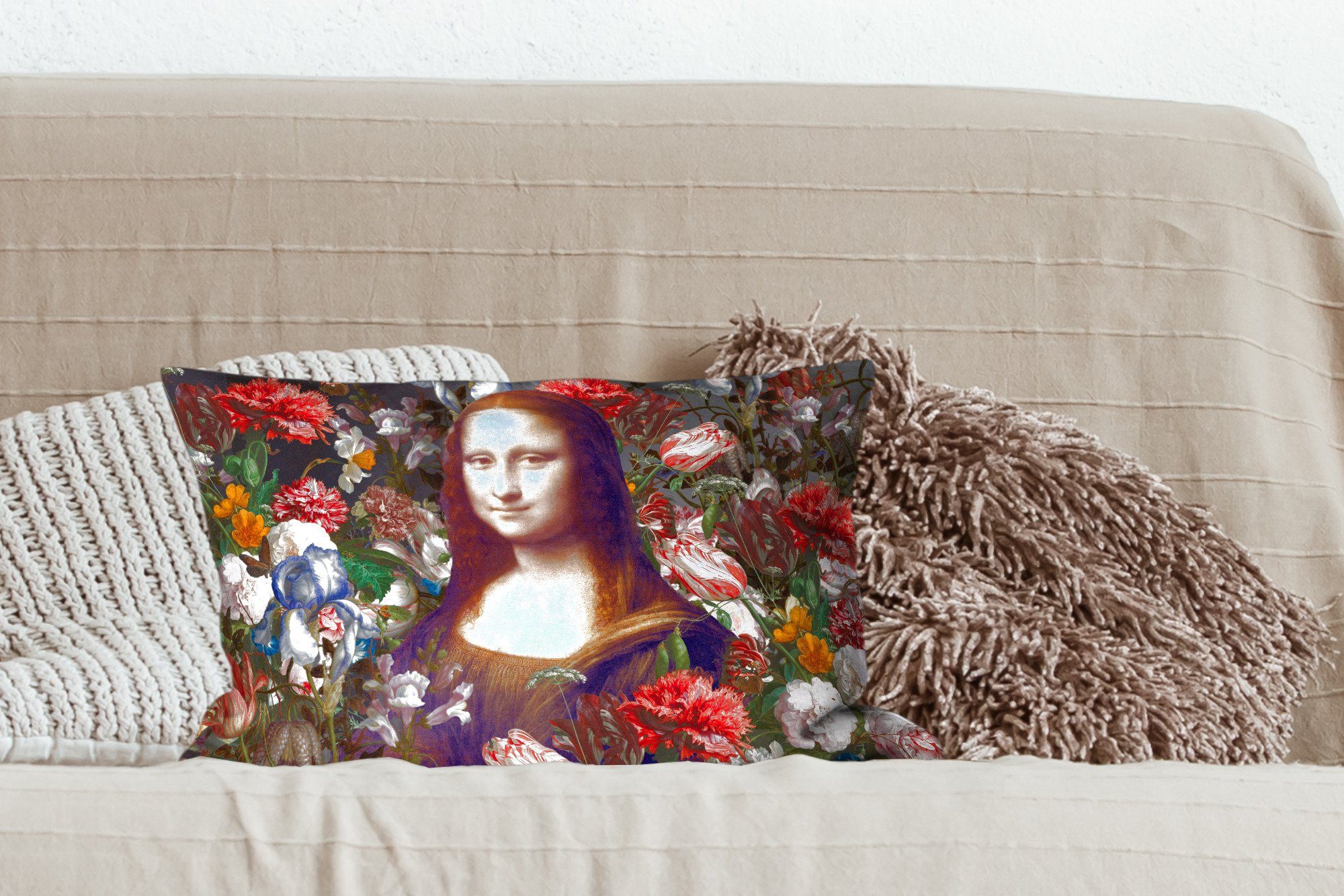 Zierkissen, Blumen, Schlafzimmer Mona Wohzimmer - Dekokissen MuchoWow Vinci da Füllung, Lisa mit Dekoration, Leonardo - Dekokissen
