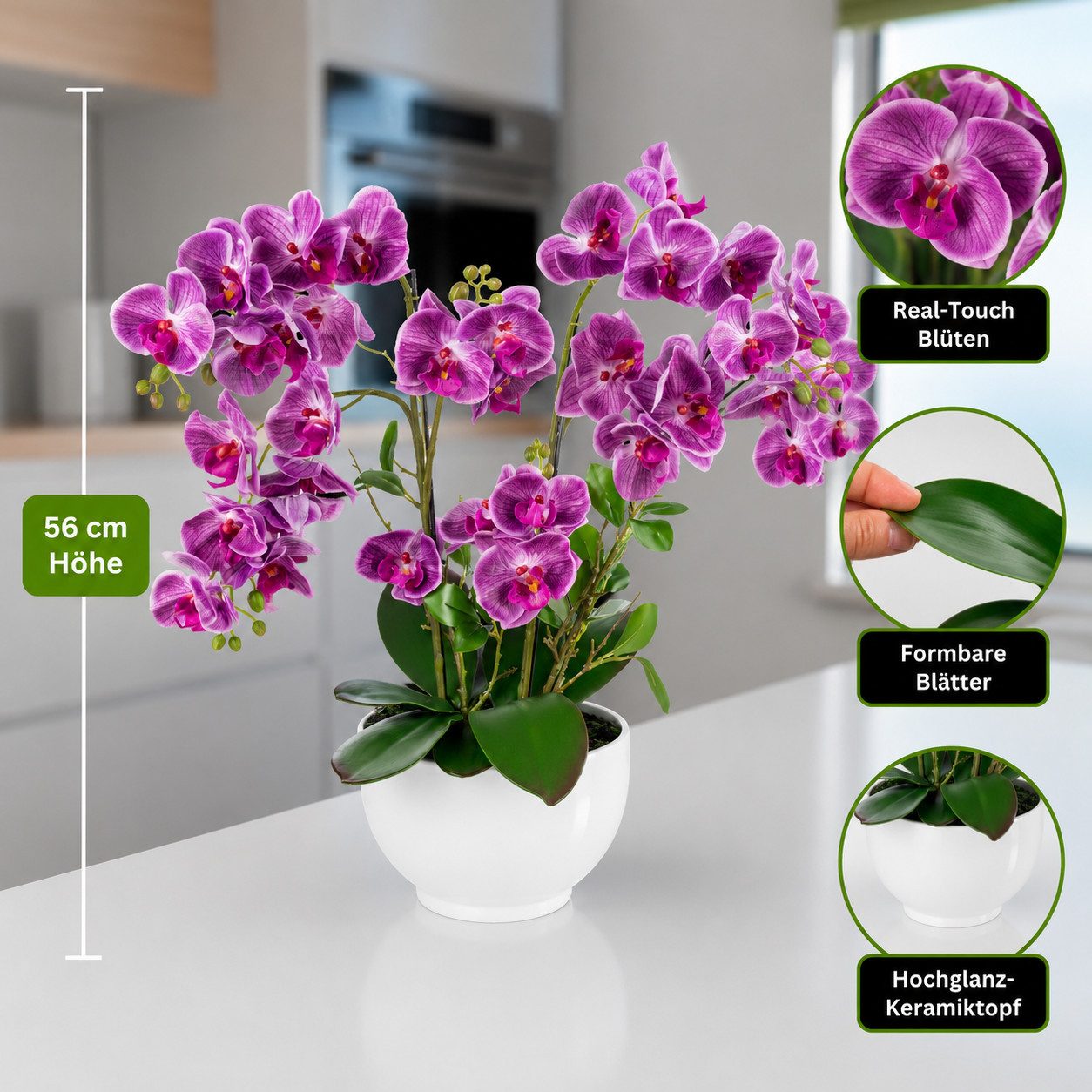 Kunstorchidee PASCH® XXL Orchidee künstlich wie echt (56cm) in Hochglanz-Keramiktopf Orchidee, PASCH