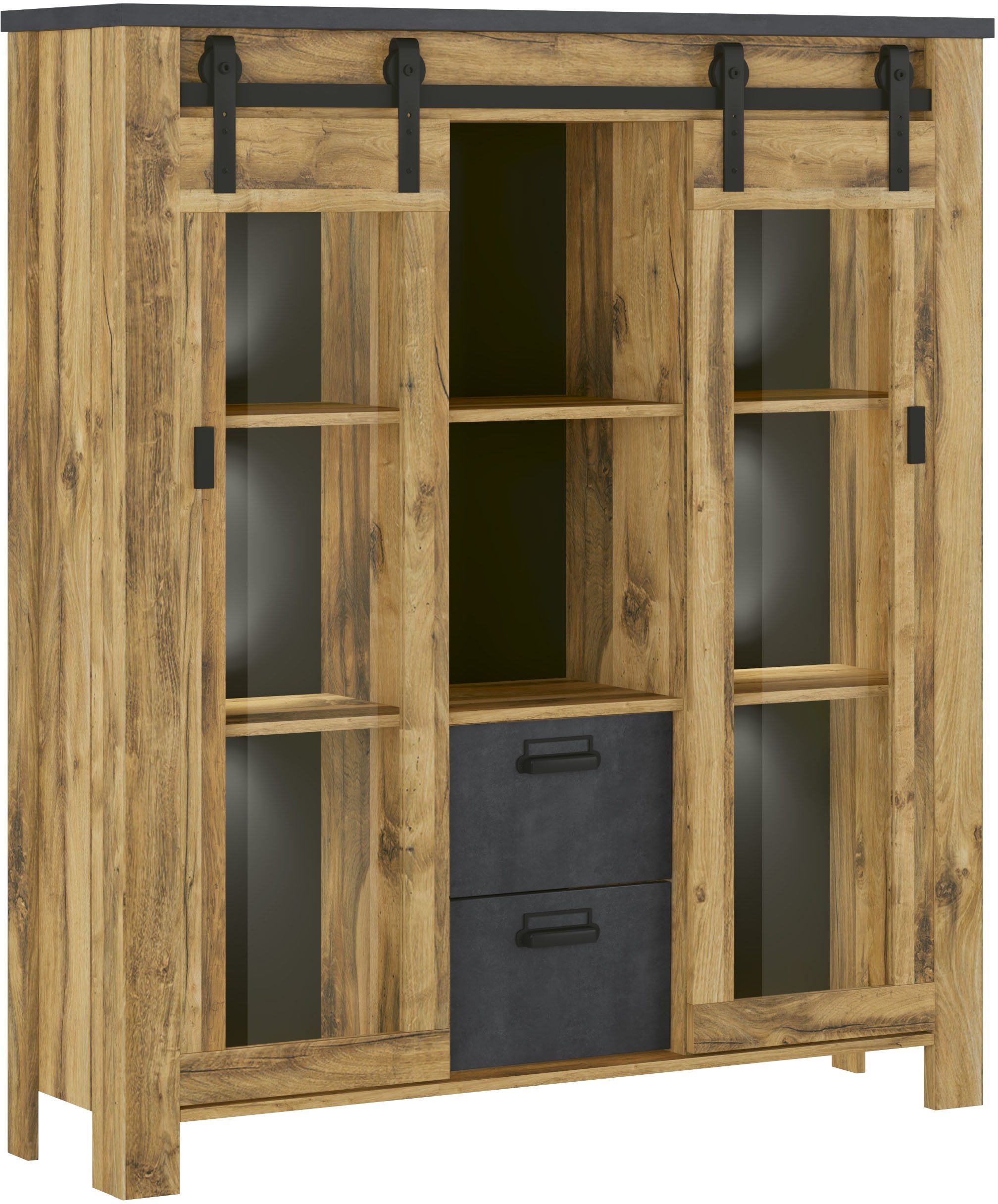 Home affaire Highboard York, moderner Hochschrank, Vitrine in Hunton Oak, Industrialdesign, mit Scheunentorbeschlägen & Apothekergriffen aus Metall, 150 cm hoch