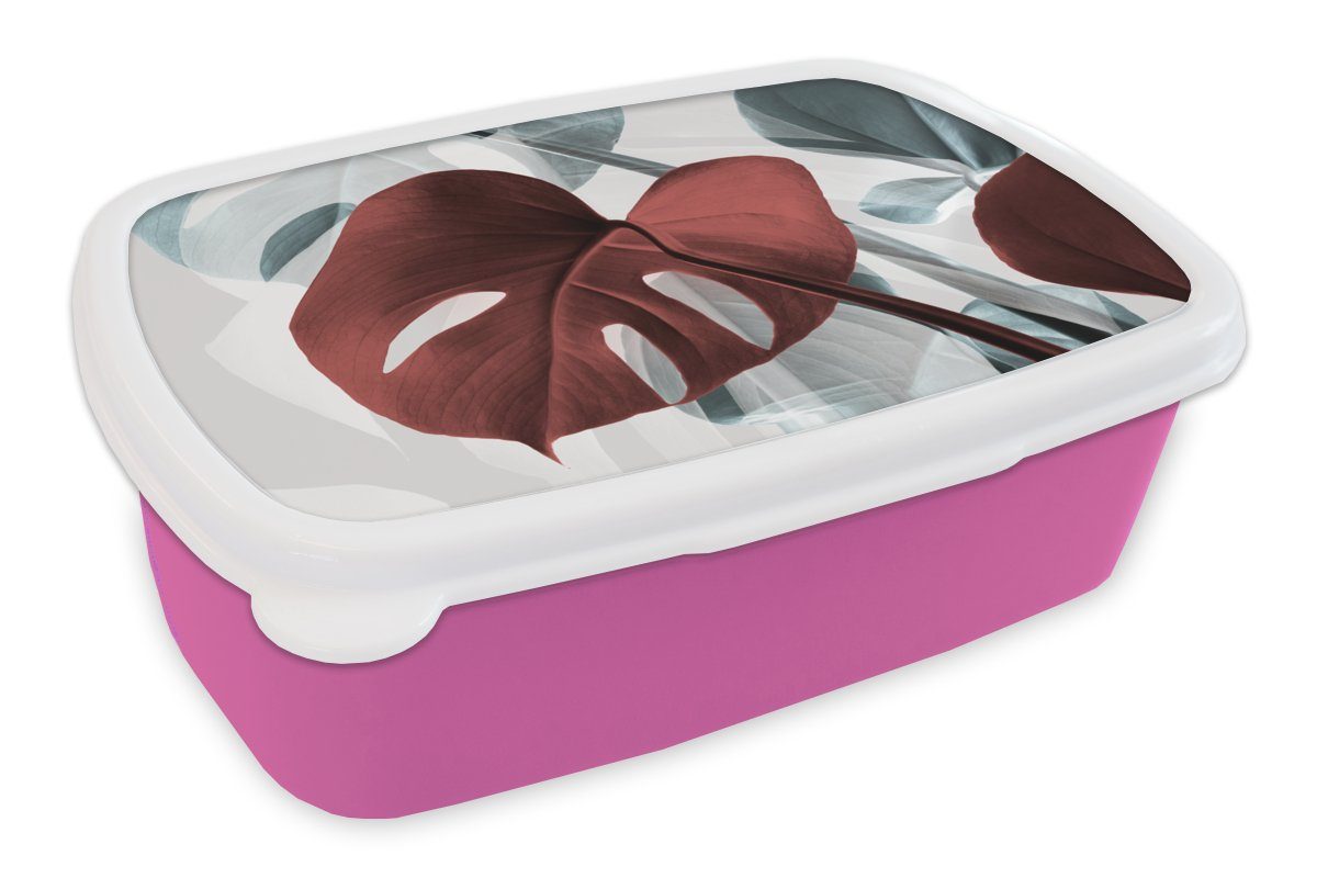 MuchoWow Lunchbox Monstera - Rot - Pastell - Stilleben, Kunststoff, (2-tlg), Brotbox für Erwachsene, Brotdose Kinder, Snackbox, Mädchen, Kunststoff rosa