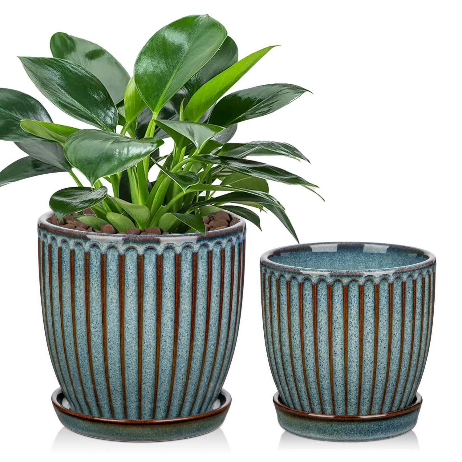 LuxusKollektion Übertopf Übertopf 2er Set Keramik Drainageloch Untersetzer 15cm 13cm Navy