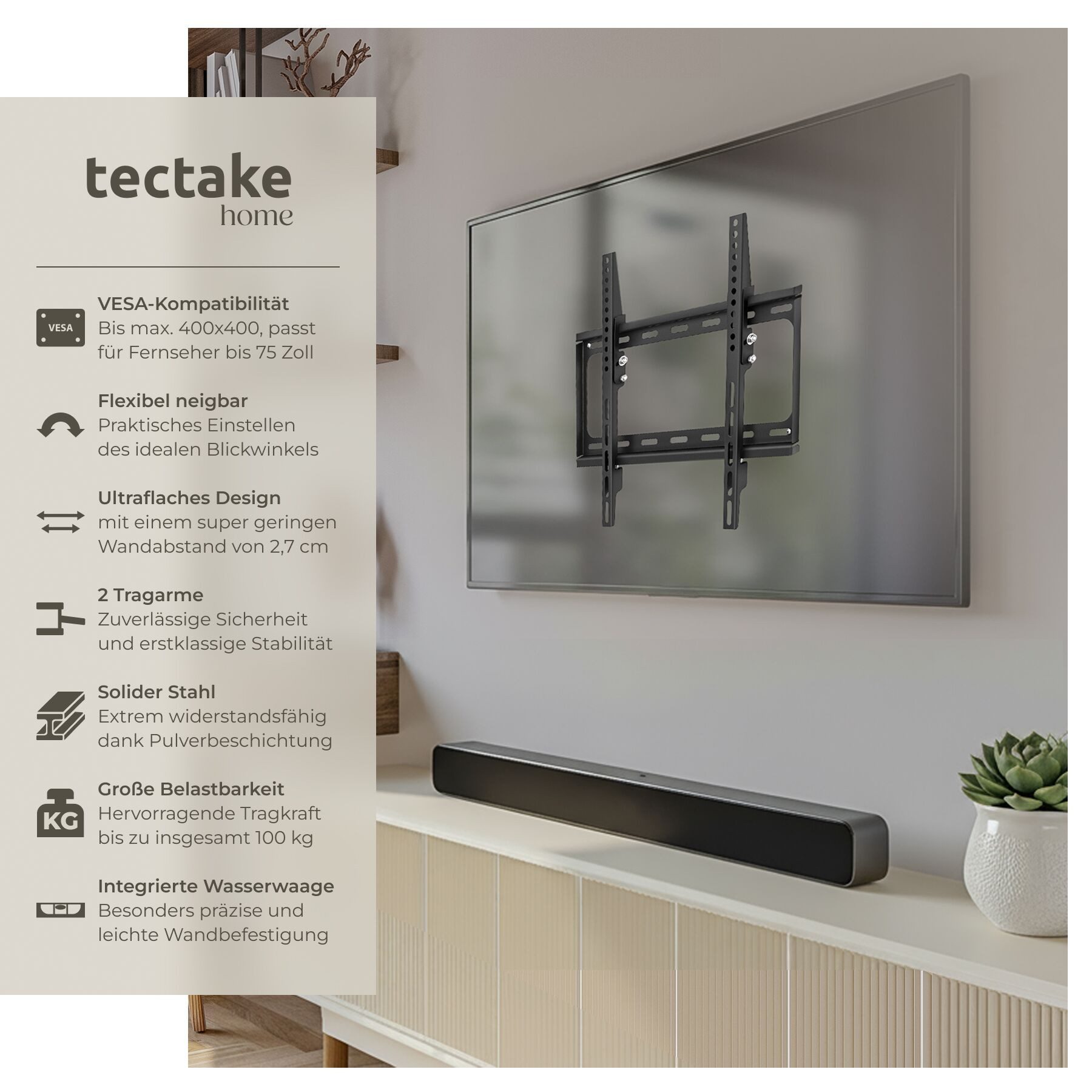 tectake TV-Wandhalterung Fernseherhalterung für 26-75 Zoll (66-191 cm), max. VESA 400 x 400, (bis 75 Zoll, für Flachbildfernseher, bis 100 kg, neigbar und stufenlos breitenverstellbar, flacher Wandabstand)