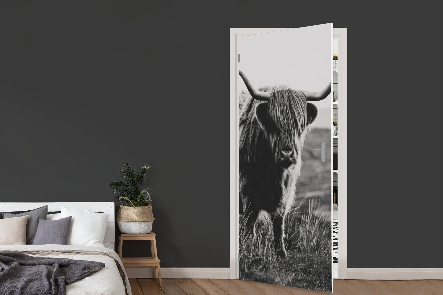 (1 - Matt, Natur - bedruckt, cm 75x205 Fototapete für Schwarz - Türtapete Schottischer Türaufkleber, Tür, und, Hochlandbewohner St), Kühe Tiere MuchoWow -