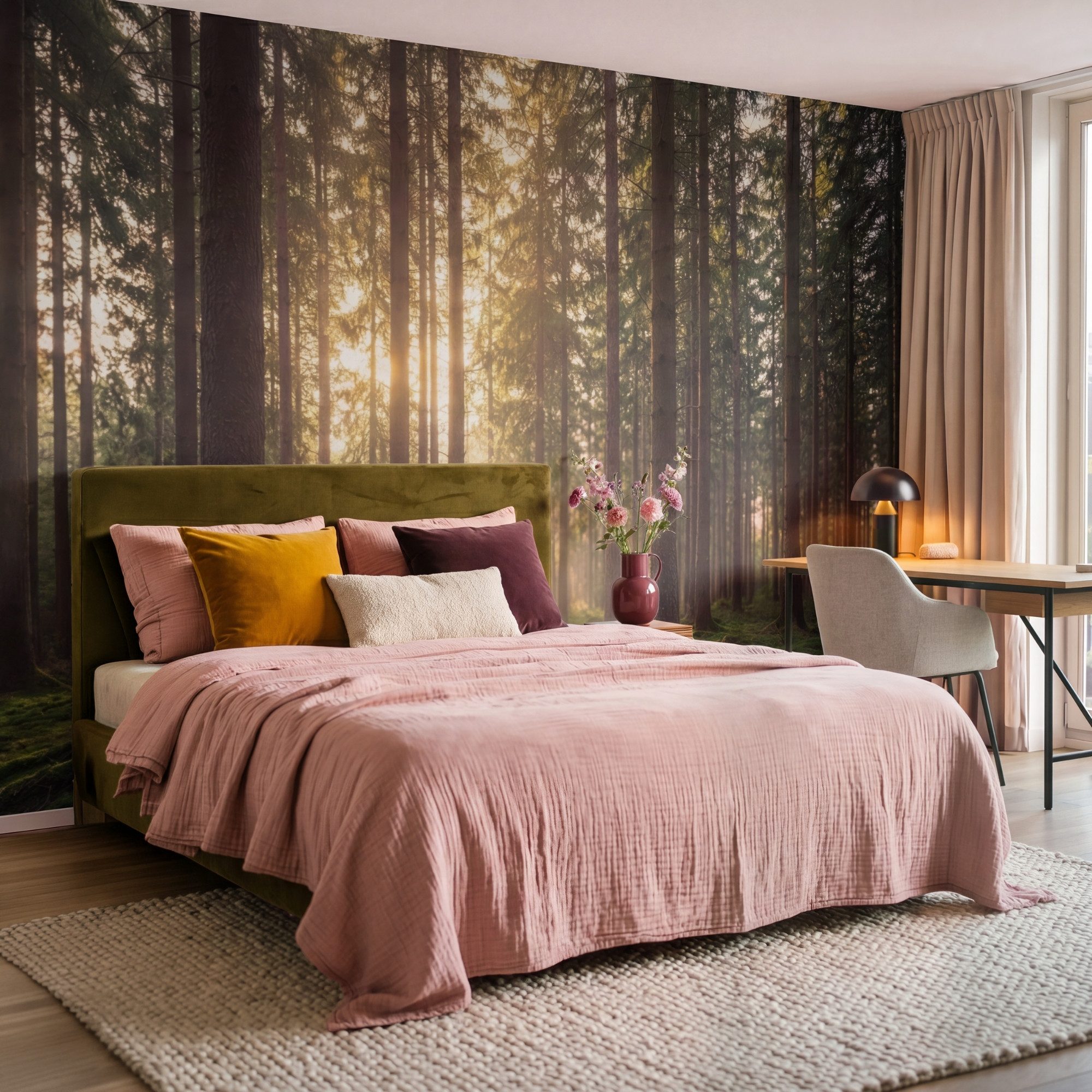 OnlyWow Fototapete Wald - Gras - Sonnenlicht, Matt, bedruckt, Wohnzimmer, Modern, Wanddekoration, Vliestapete 100x70cm – Bild 4 von 5